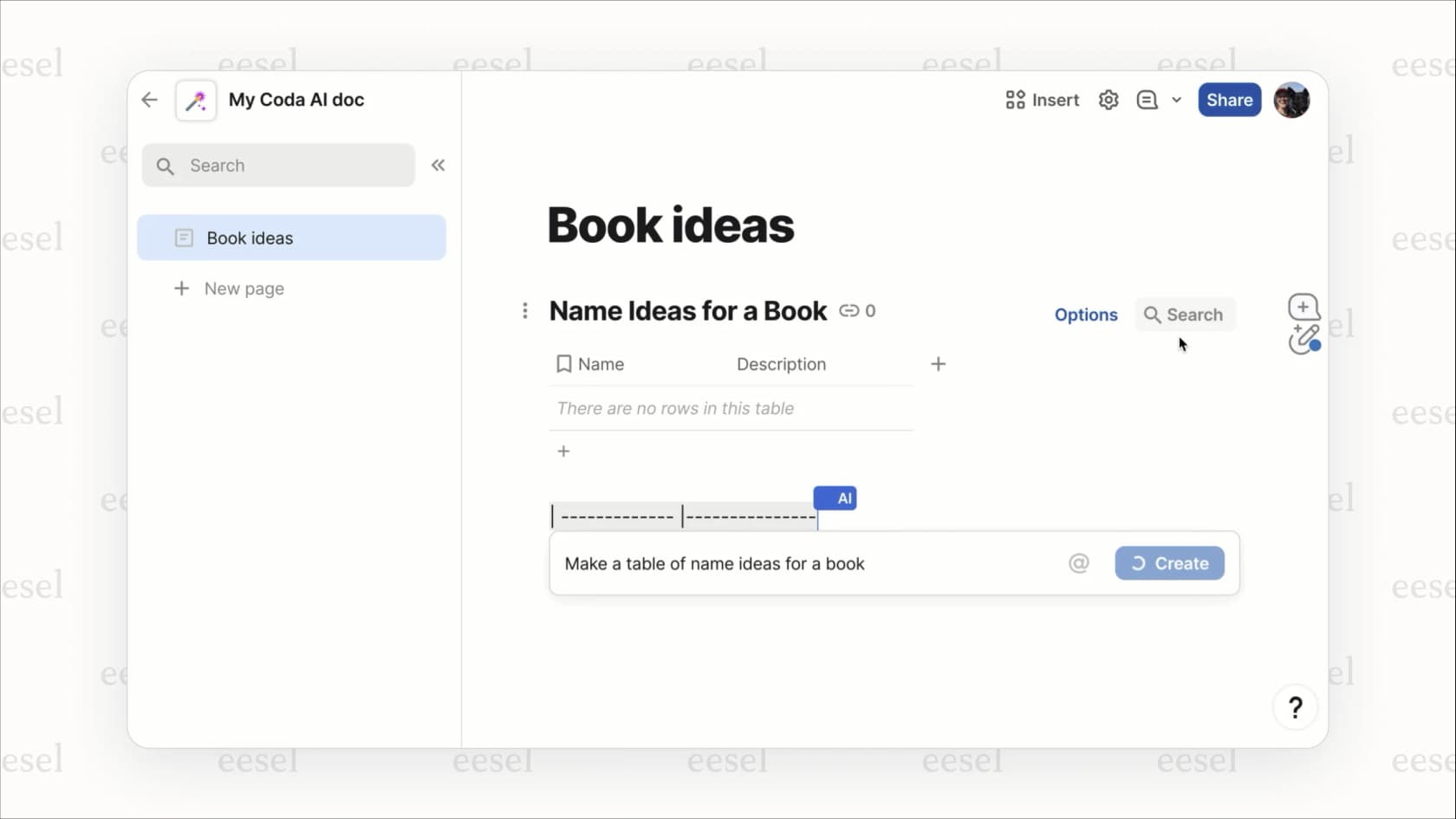 Creating a table with a Coda AI prompt.