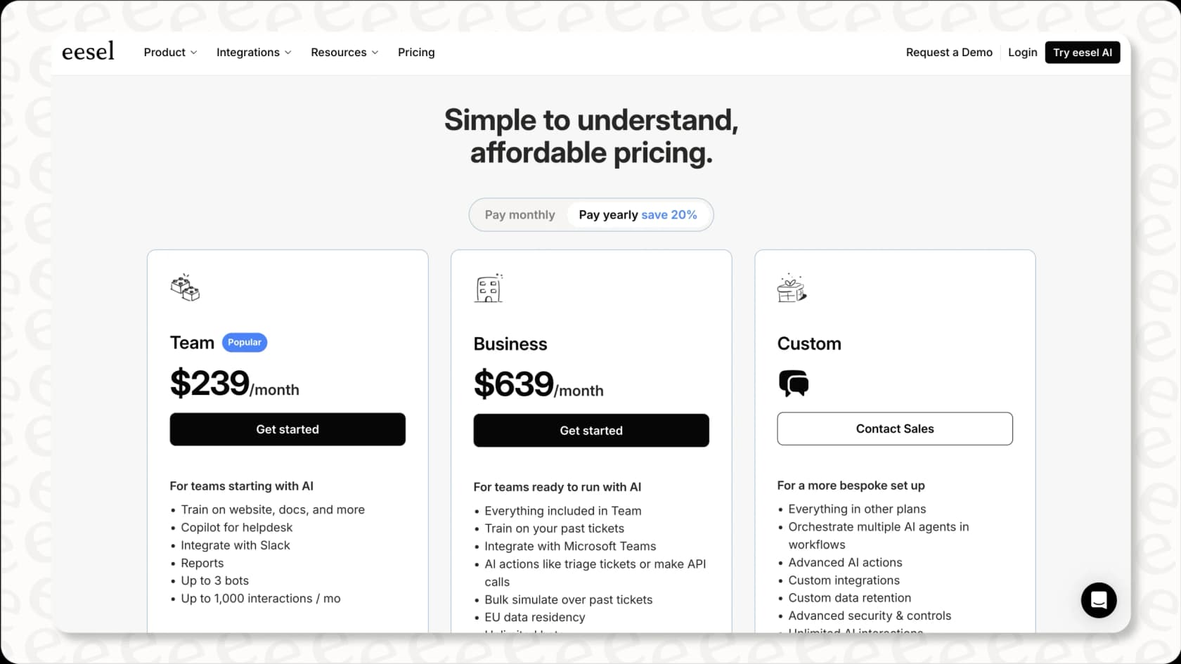 eesel AI pricing page showing transparent monthly credit plans.