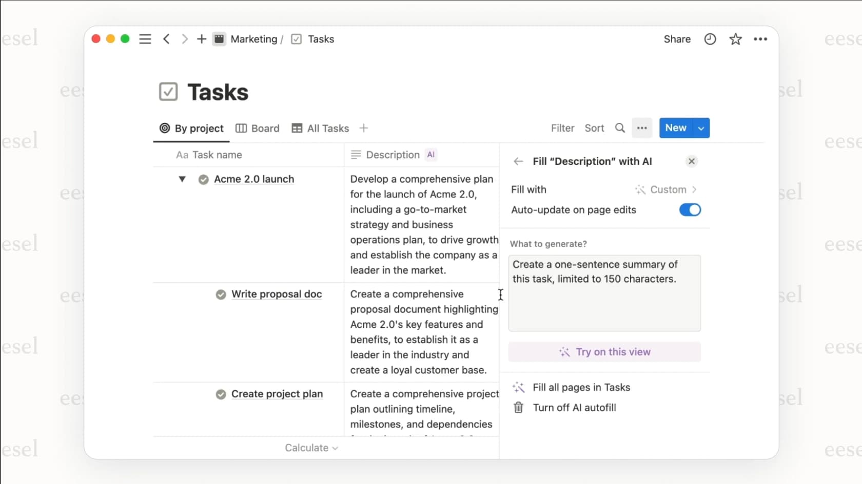 Creating a database with help from Notion AI.