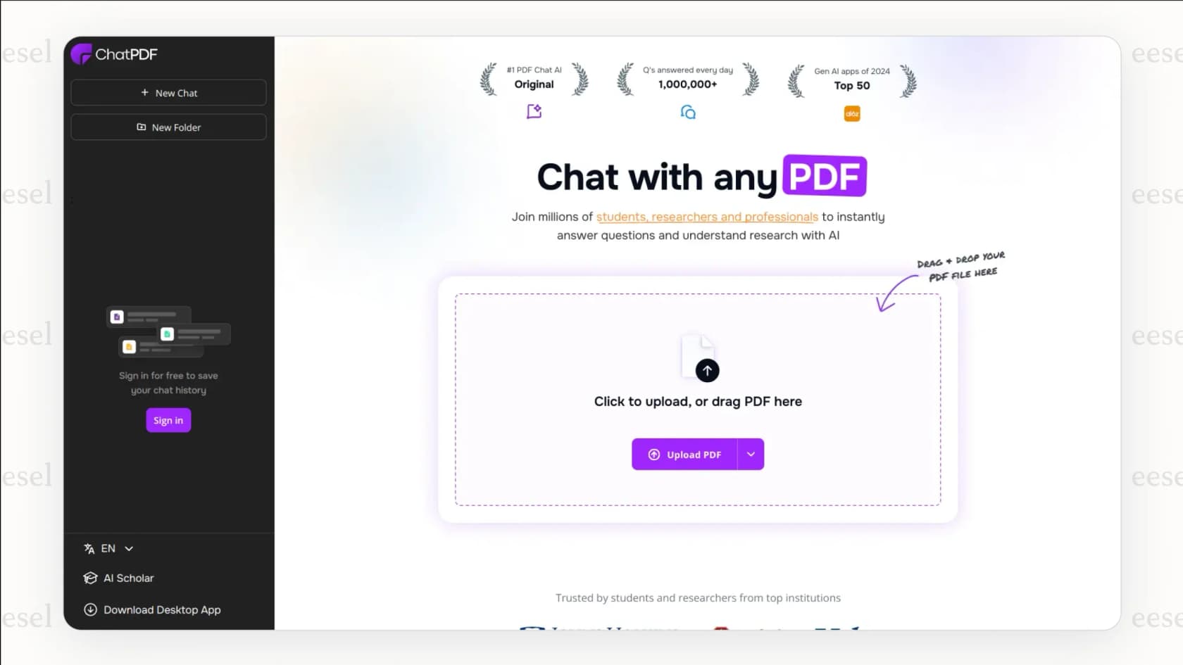 A interface fácil de usar do ChatPDF.