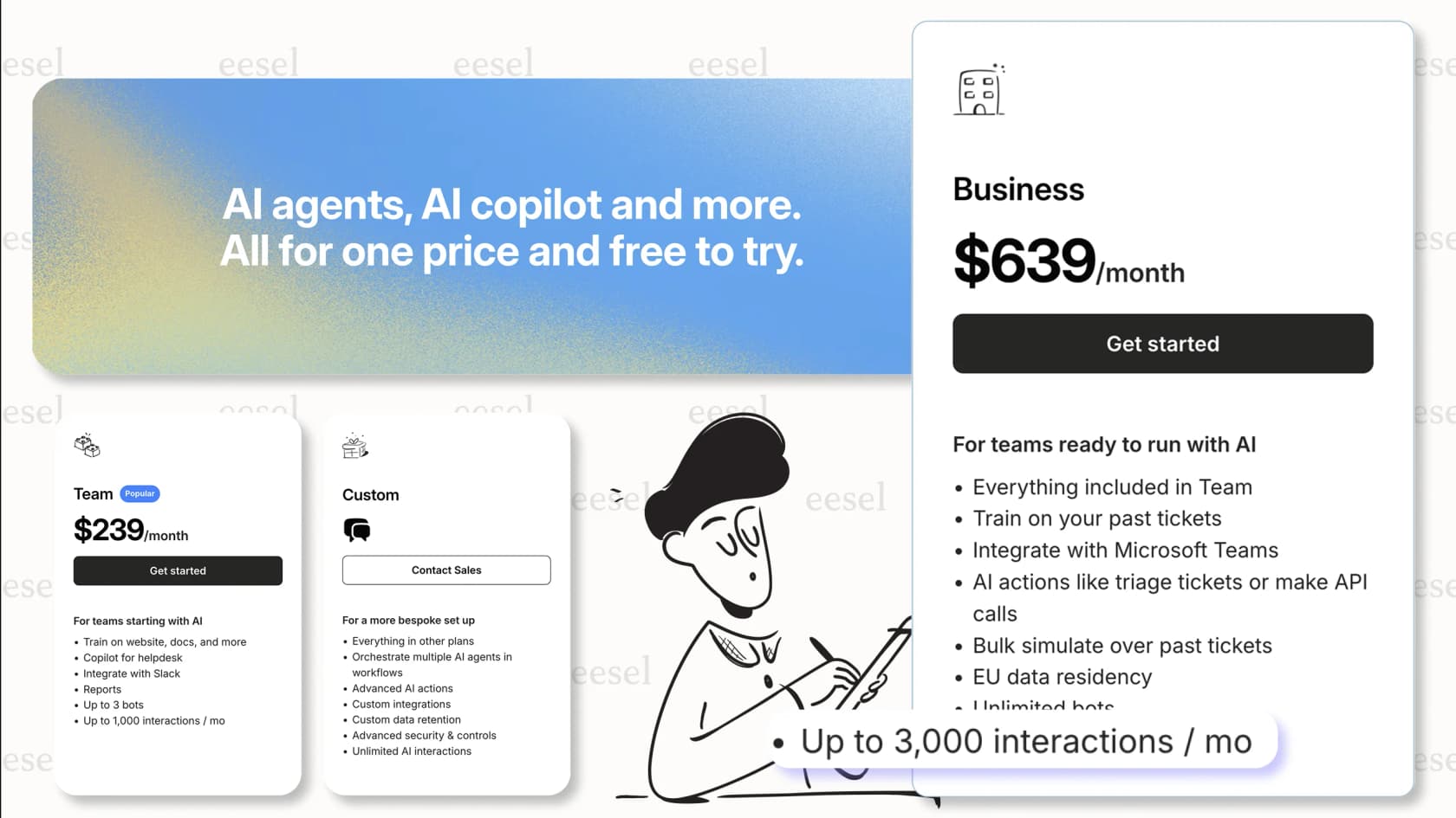 A screenshot of eesel AI's predictable, interaction-based pricing model, a clear alternative to the confusing token-based Forefront AI pricing.