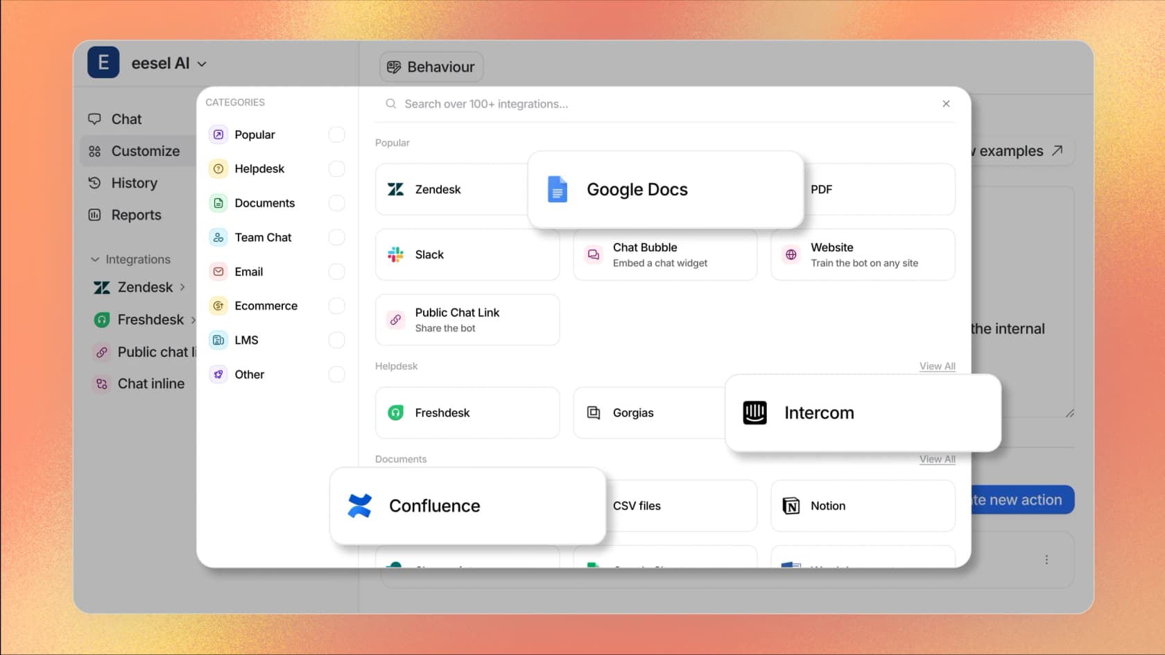 eesel AI dashboard showing multi-platform integration capabilities
