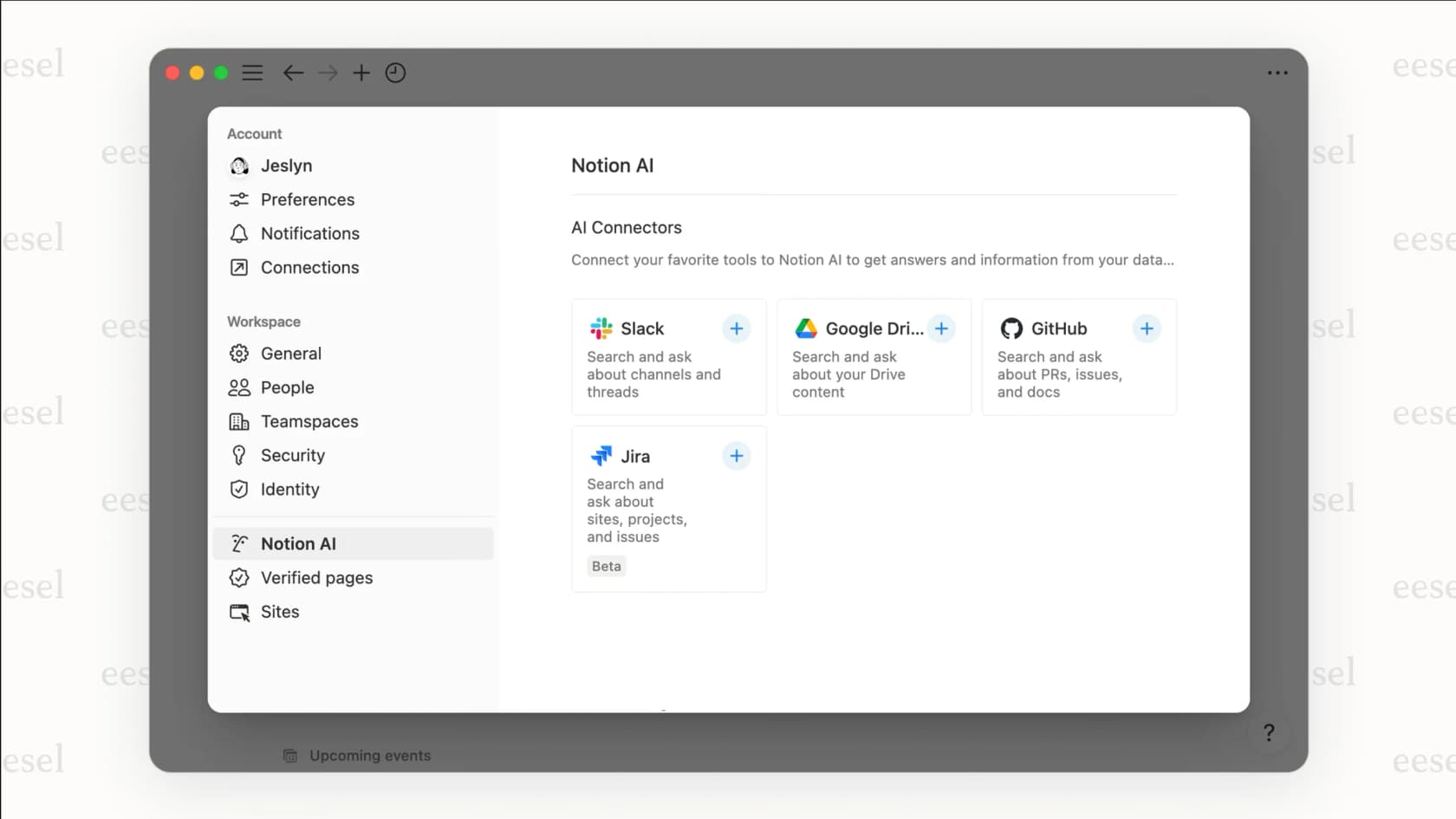 A view of the available Notion AI connectors.