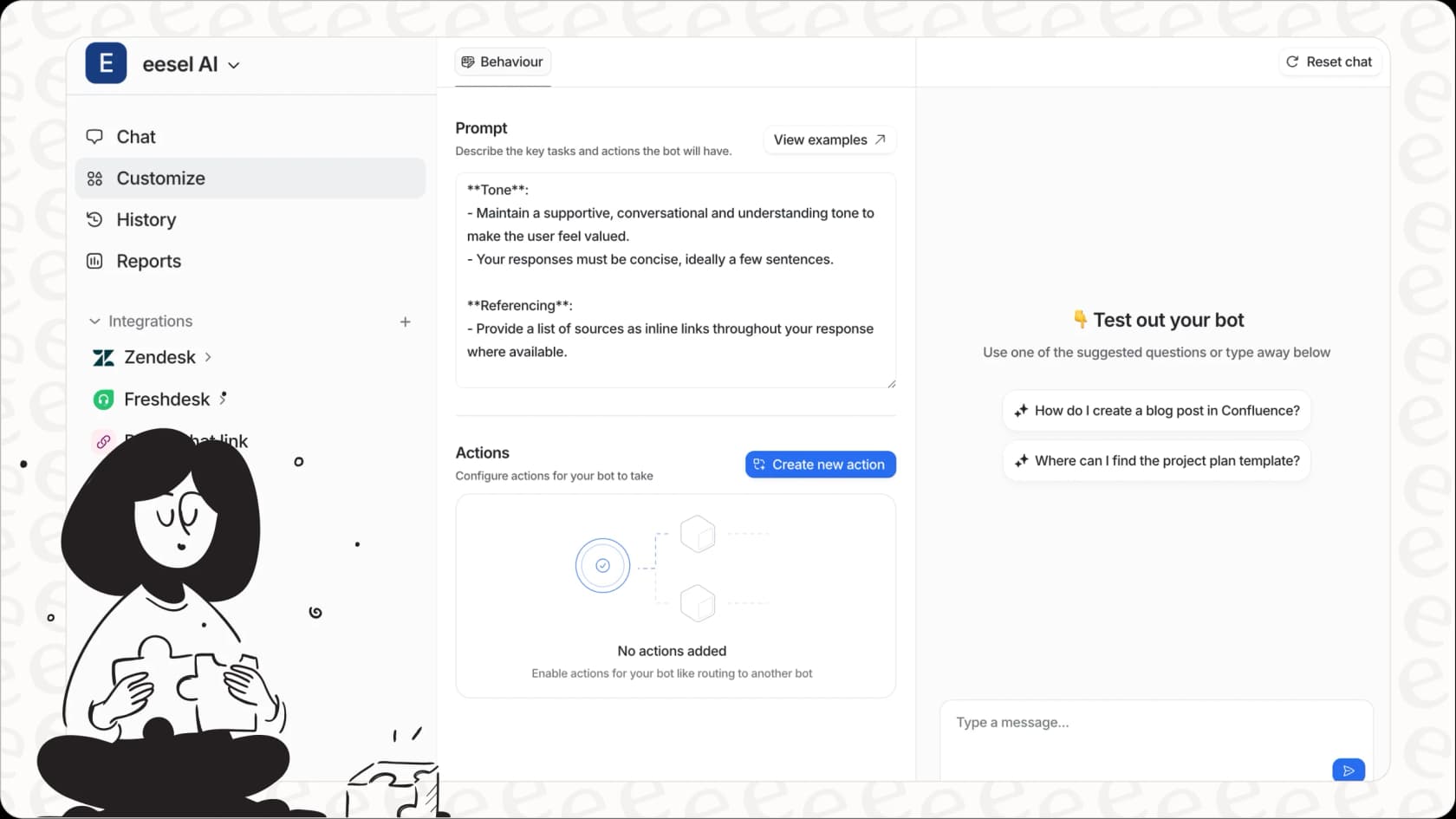 Screenshot of the eesel AI dashboard showing customization options, and testing capabilities, demonstrating what is copilot with eesel.