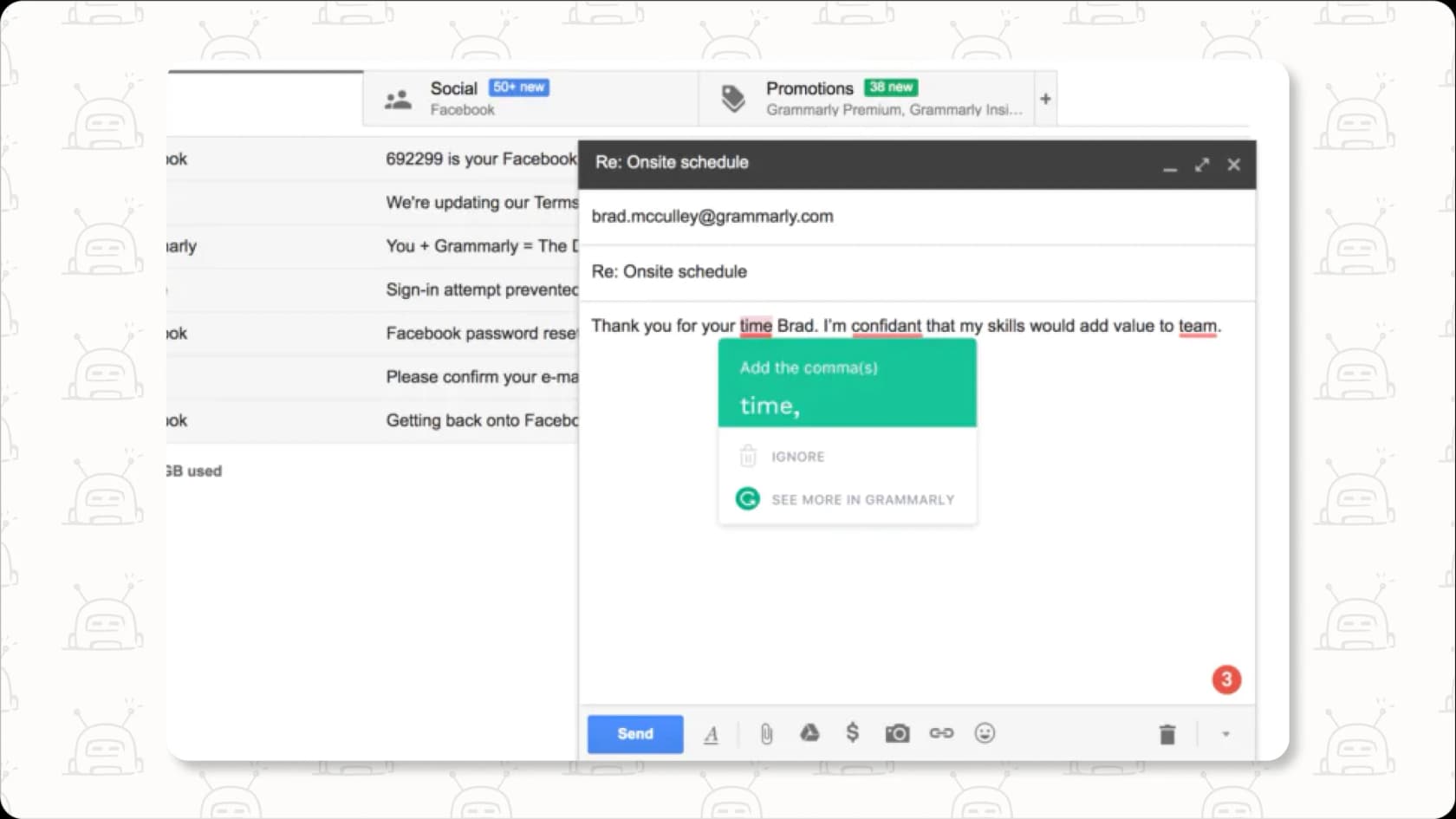 Uma captura de tela a mostrar as sugestões em tempo real do Grammarly para melhorar a gramática e a ortografia num documento.