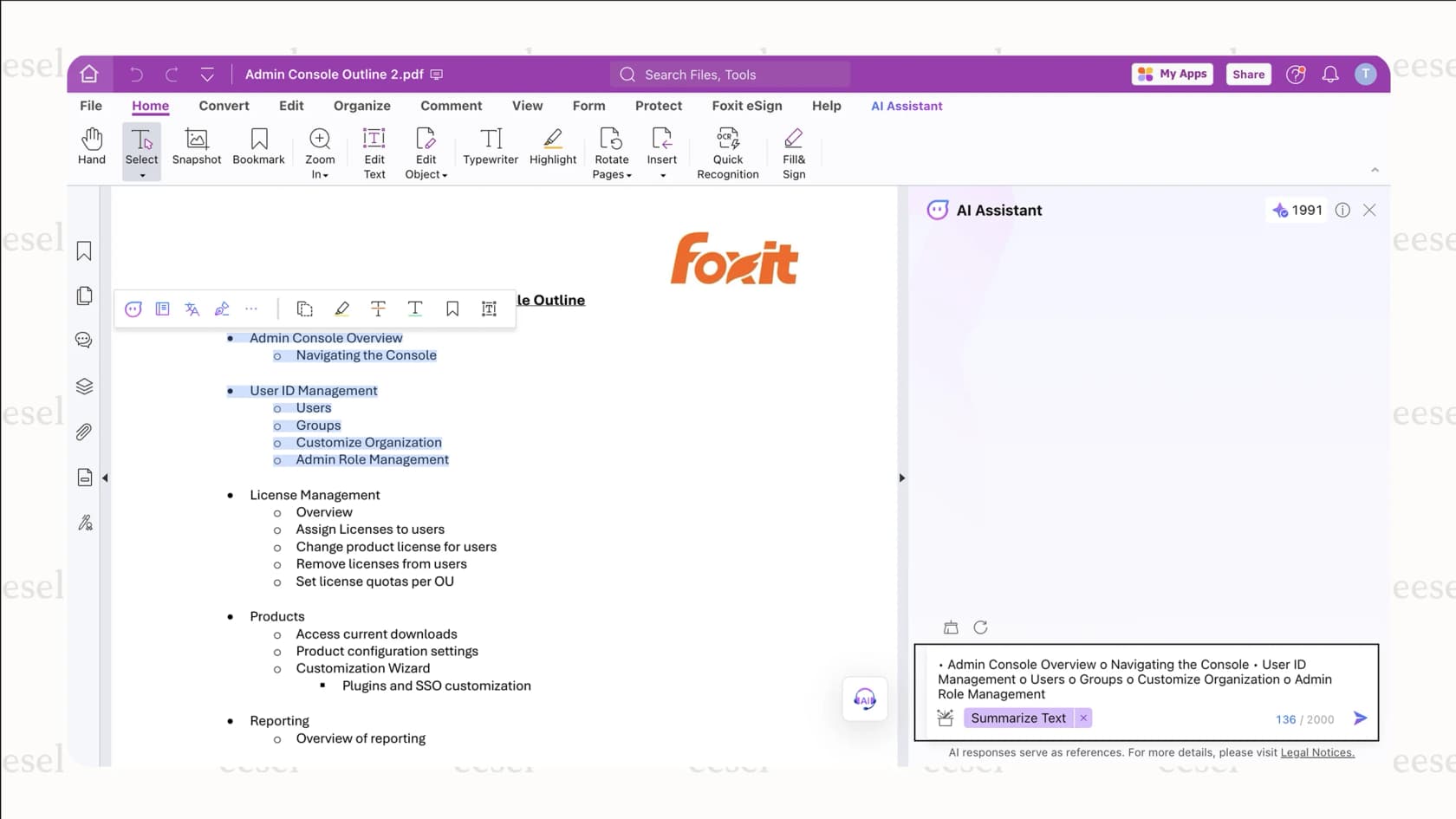 O assistente de IA da Foxit se preparando para resumir um PDF.
