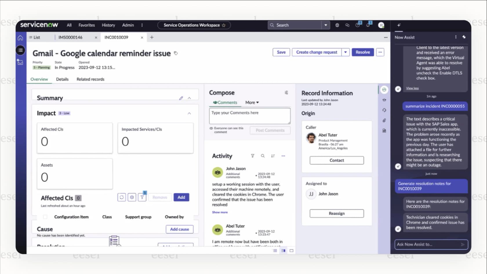 Now Assist panel summarizing an incident record in ServiceNow Agent Workspace