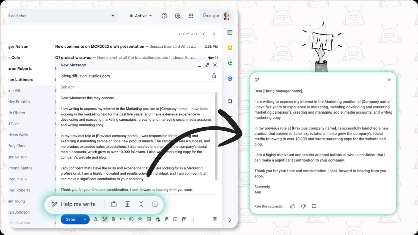 Assistant email IA suggérant un brouillon d'email contextuel.