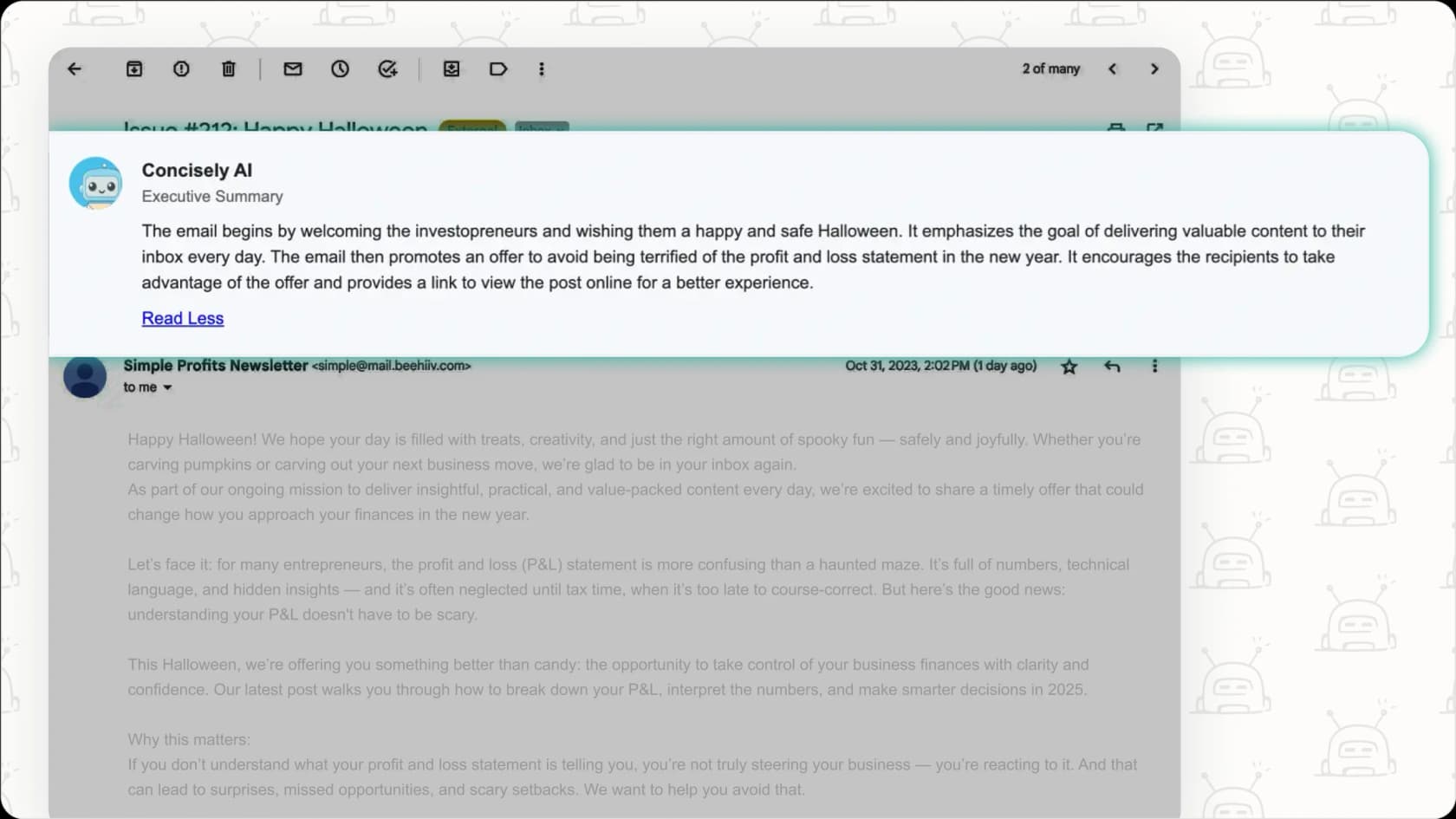 Assistant email IA fournissant un résumé d'un long fil de discussion par email.