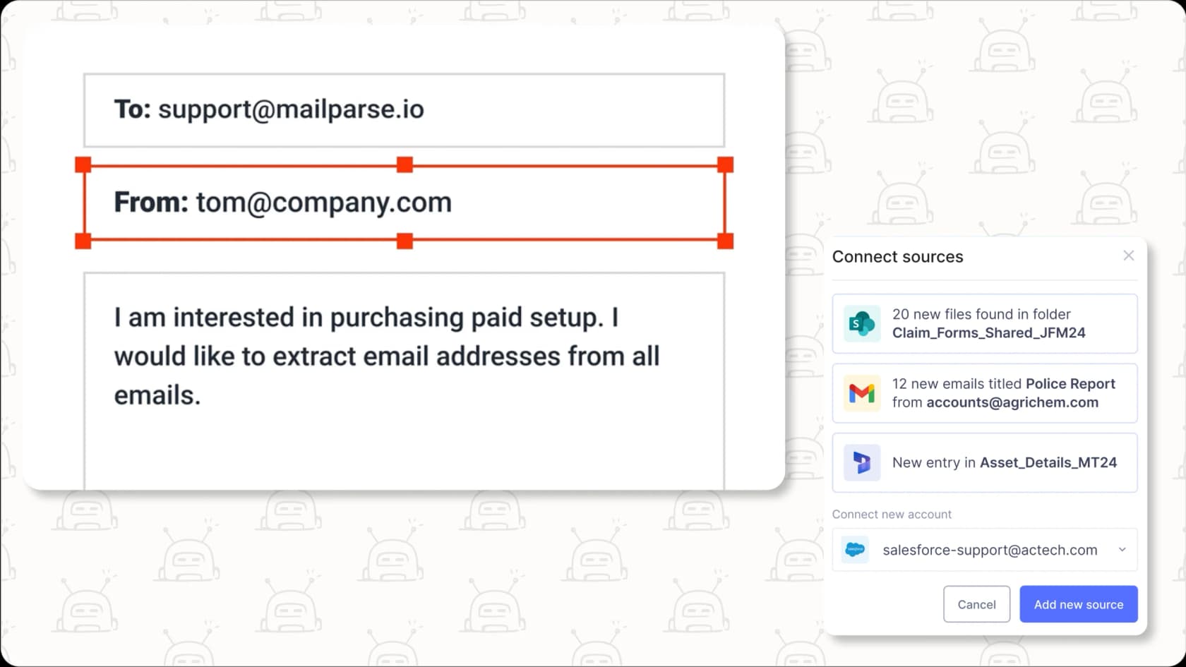 Assistant email IA extrayant des points de données clés d'un email.