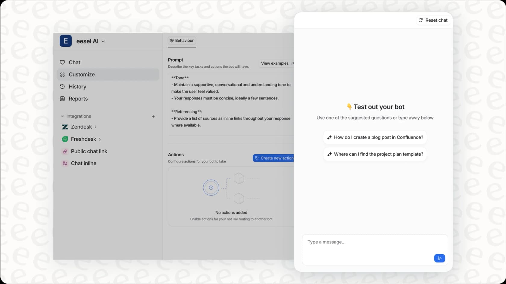 interface AI eesel mettant en avant les options d'intégration et de test pour un assistant email AI.