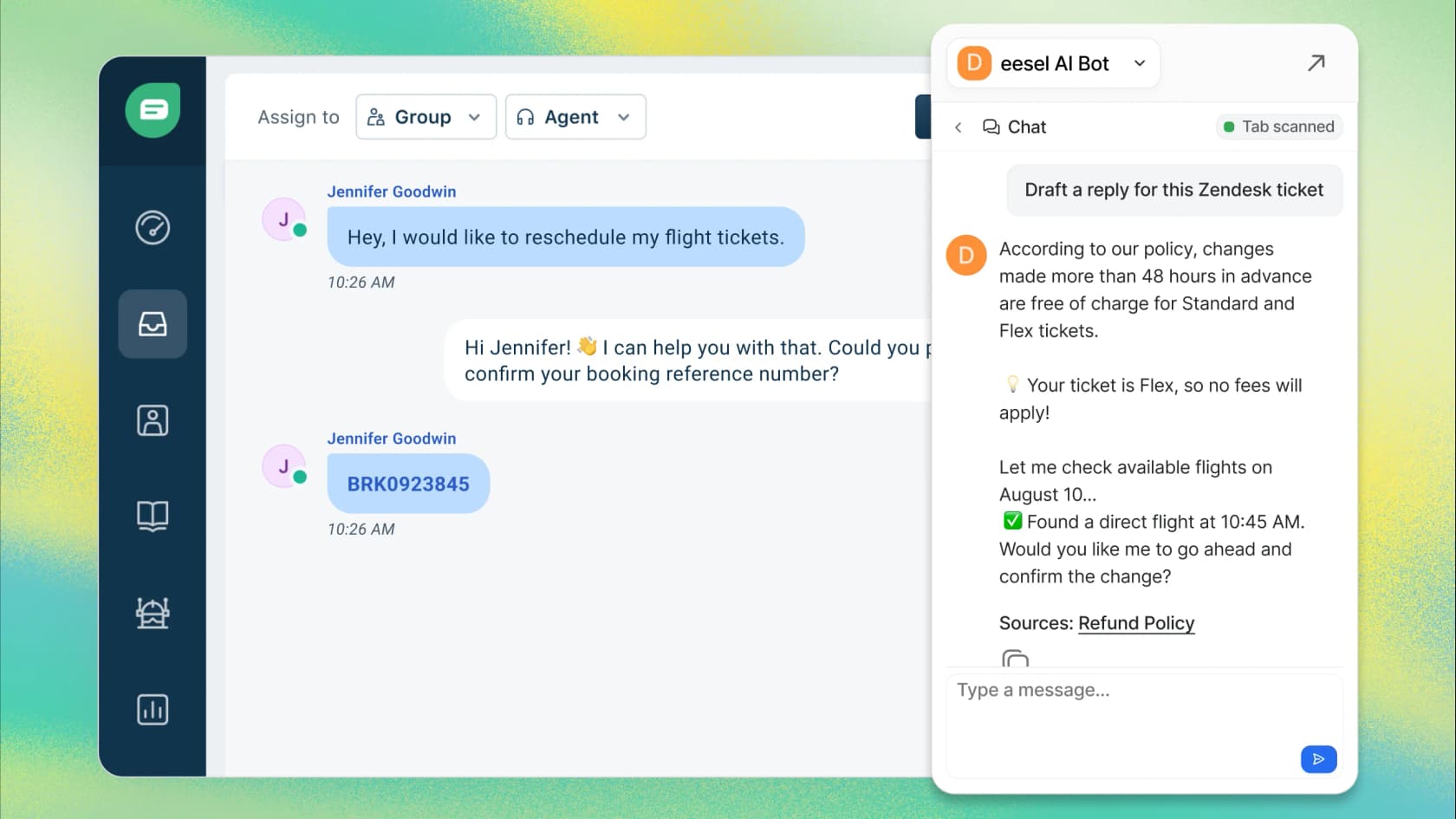 eesel AI Copilot optimiza el soporte al cliente redactando instantáneamente respuestas contextuales basadas en tickets anteriores y artículos de ayuda.