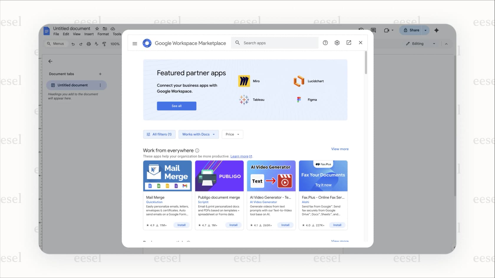 Googleドキュメントで拡張機能メニューをクリックして、さまざまなGoogleドキュメントのアプリやアドオンにアクセスするユーザー。