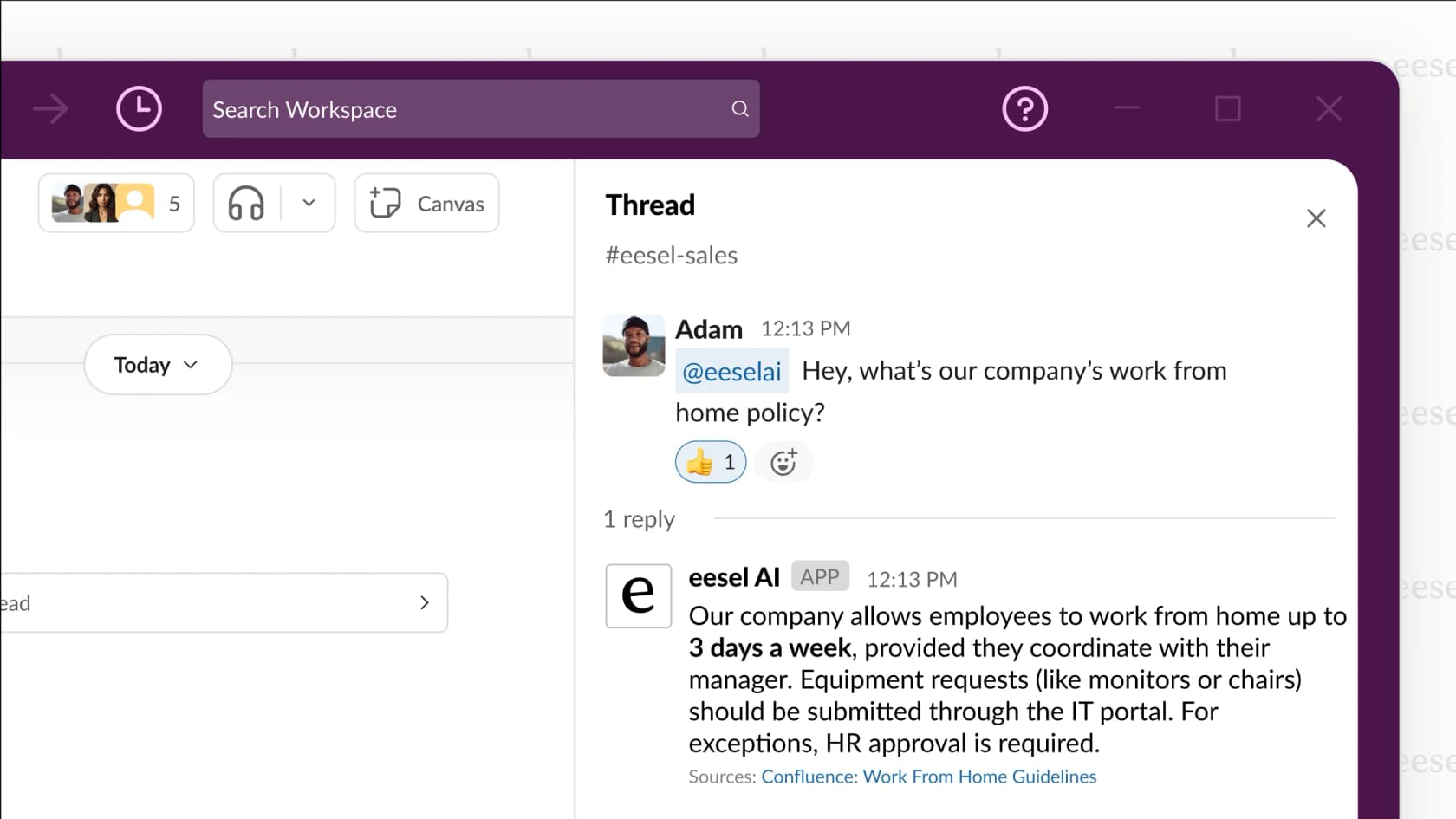 La interfaz de chat interno de eesel AI, una herramienta que puede ayudar con cómo encontrar brechas de contenido al sacar a la luz las preguntas de los clientes.
