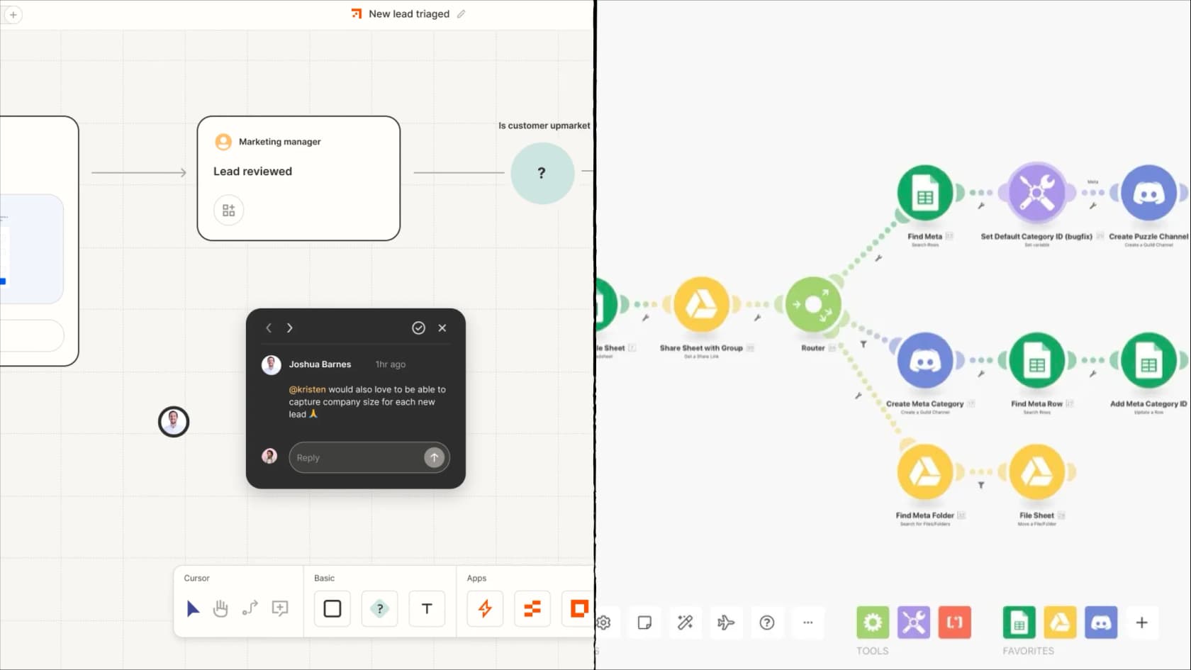 A split-screen image for the Make vs Zapier comparison, with Zapier