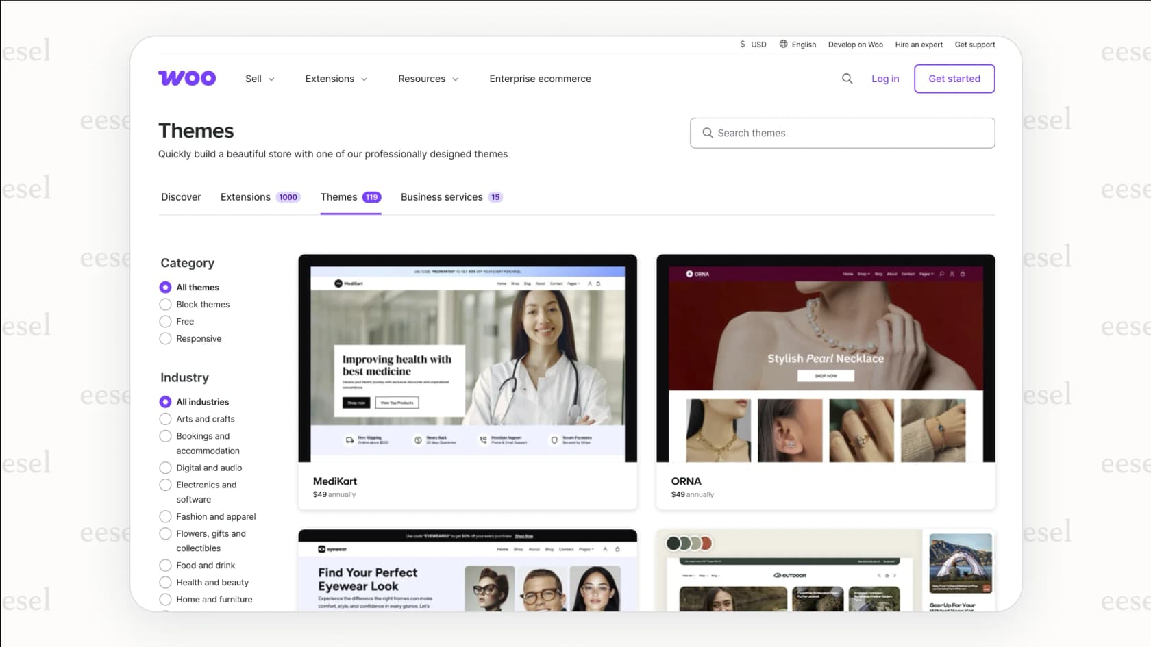 Screenshot of the WordPress theme directory showing free themes available, which helps manage overall WooCommerce pricing.