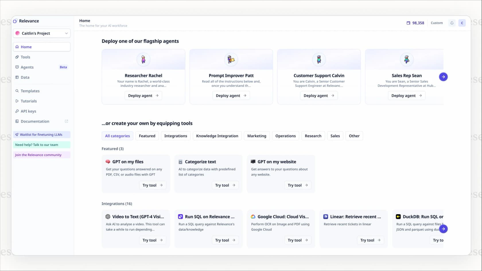 A view of the agent template library in Relevance AI, showing how features impact the overall Relevance AI pricing structure.