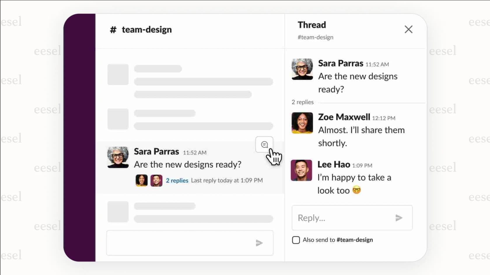 A screenshot for a Slack review that shows a busy channel with a specific message being replied to in a thread, keeping the main channel clean.