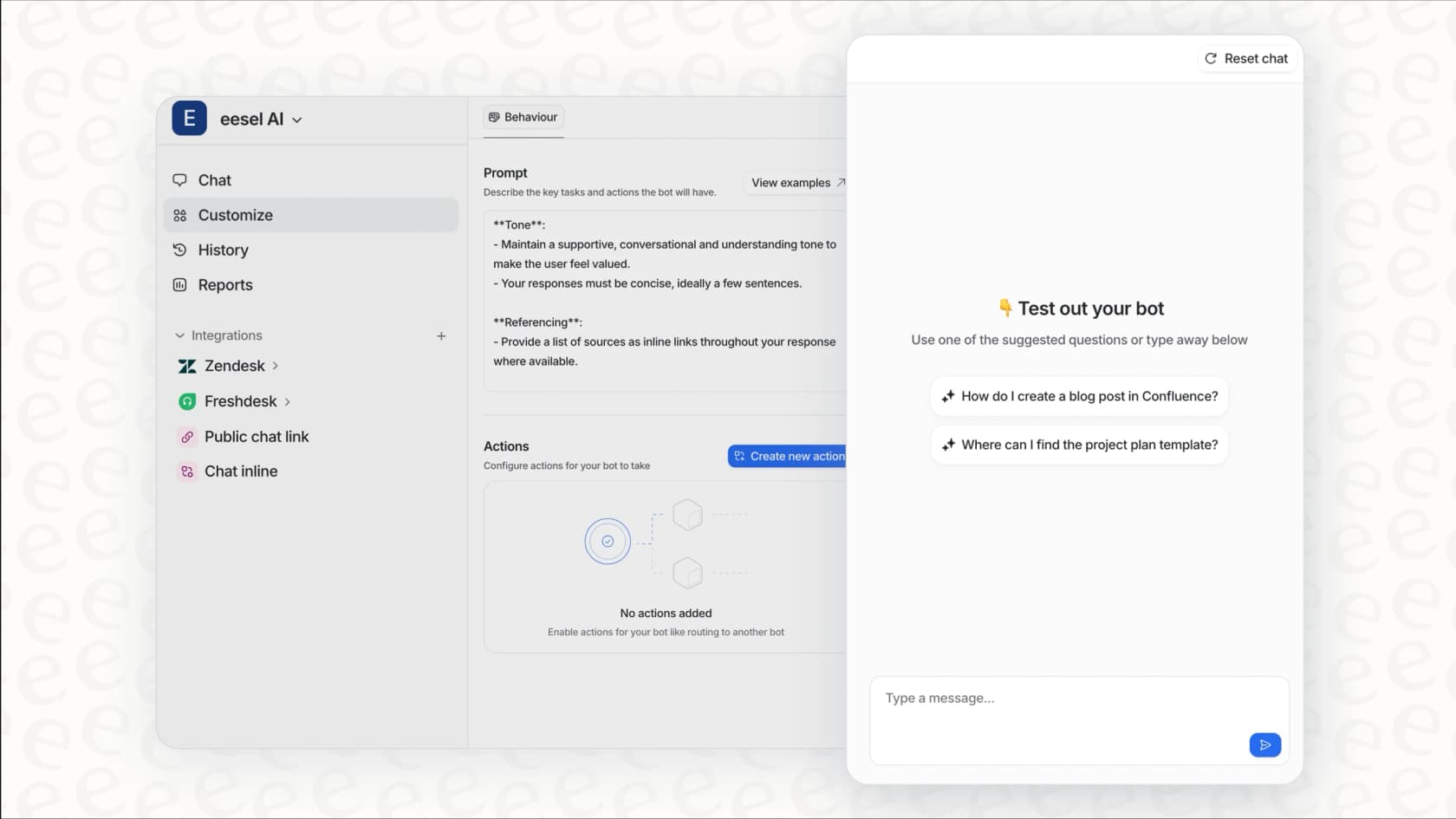 The eesel AI bot editor, with the prompt and Actions panel on the left and a test chat on the right for trying the bot before it goes live.