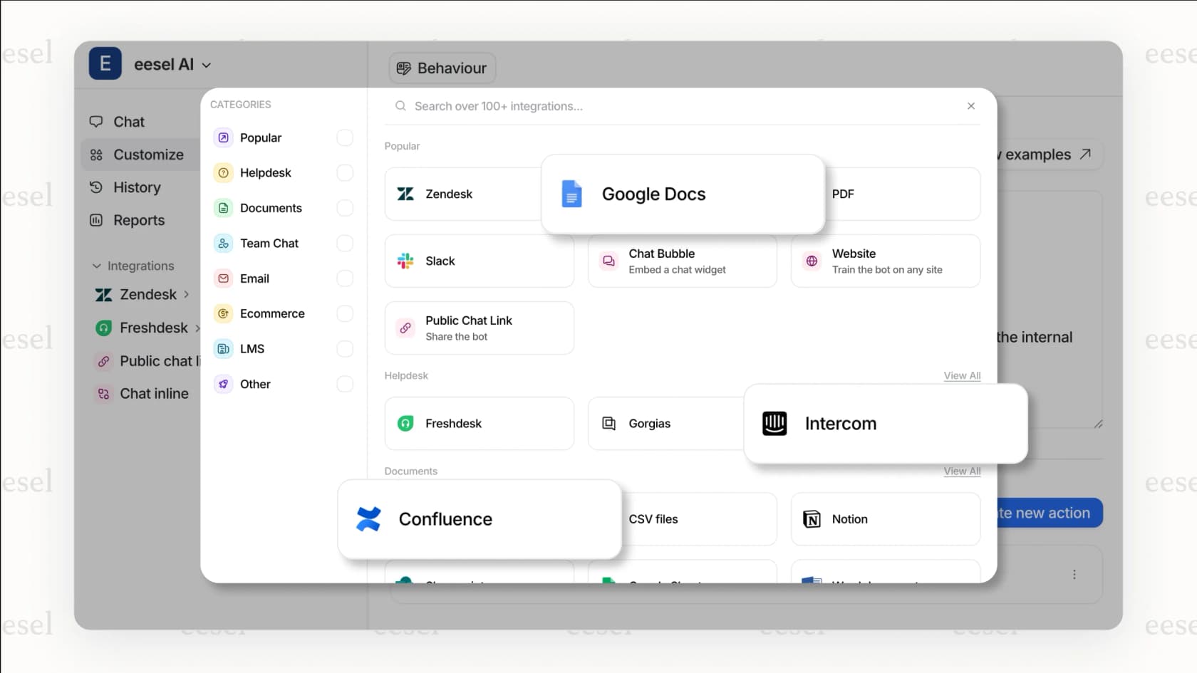 Uma captura de tela da plataforma eesel AI mostrando integrações de um clique com ferramentas como Zendesk e Confluence, o que é essencial para um suporte proativo eficaz com IA.