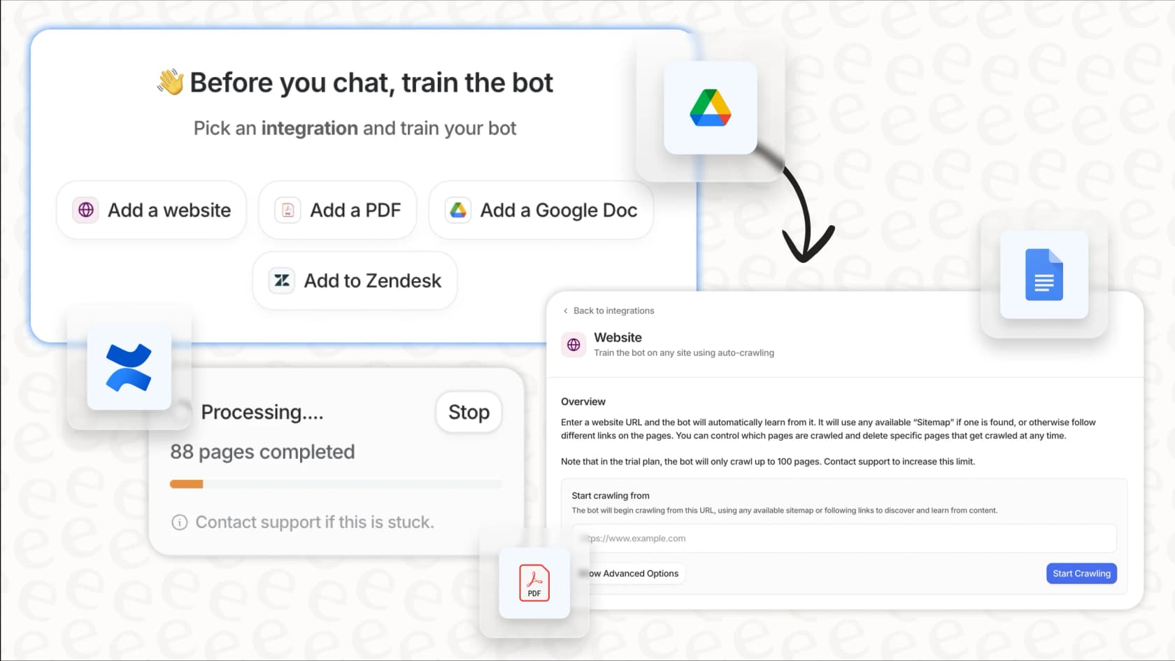 La plateforme eesel AI montrant comment elle se connecte à plusieurs applications pour construire une base de connaissances complète, ce qui est un différenciateur clé par rapport à l'IA utilisée par Atlassian.