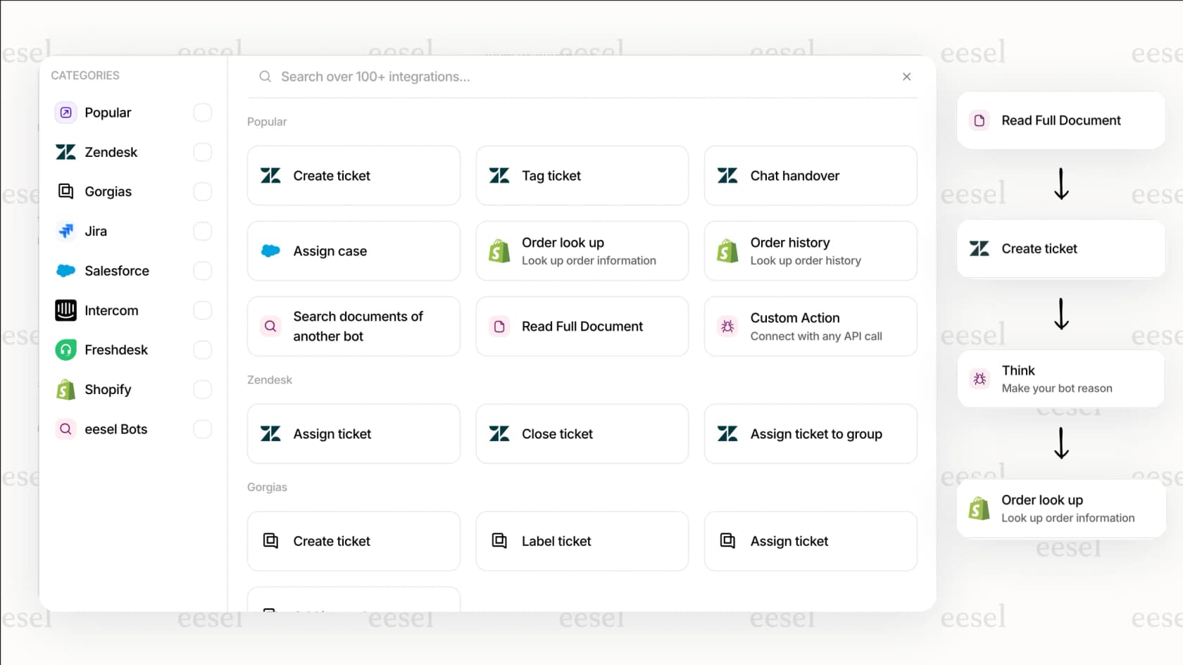 Uma captura de tela da plataforma eesel AI mostrando uma Ação de IA sendo configurada para procurar informações de pedidos no Shopify, uma capacidade chave de usar IA para fluxos de trabalho.