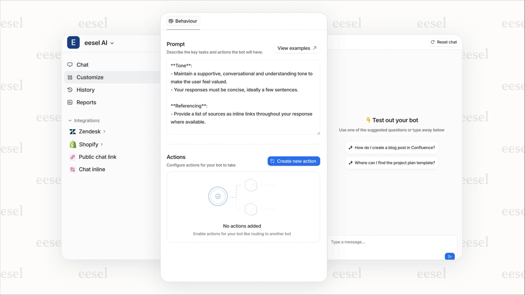 Une capture d'écran de la plateforme eesel AI, qui est l'un des meilleurs programmes de partenariat SaaS pour les agences souhaitant proposer des solutions d'IA.