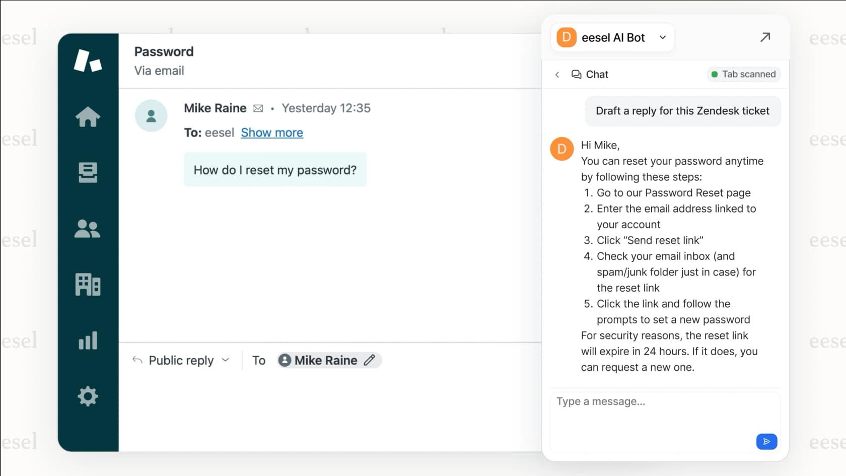 eesel AI, an integrated AI for content creation drafting a response in a help desk.