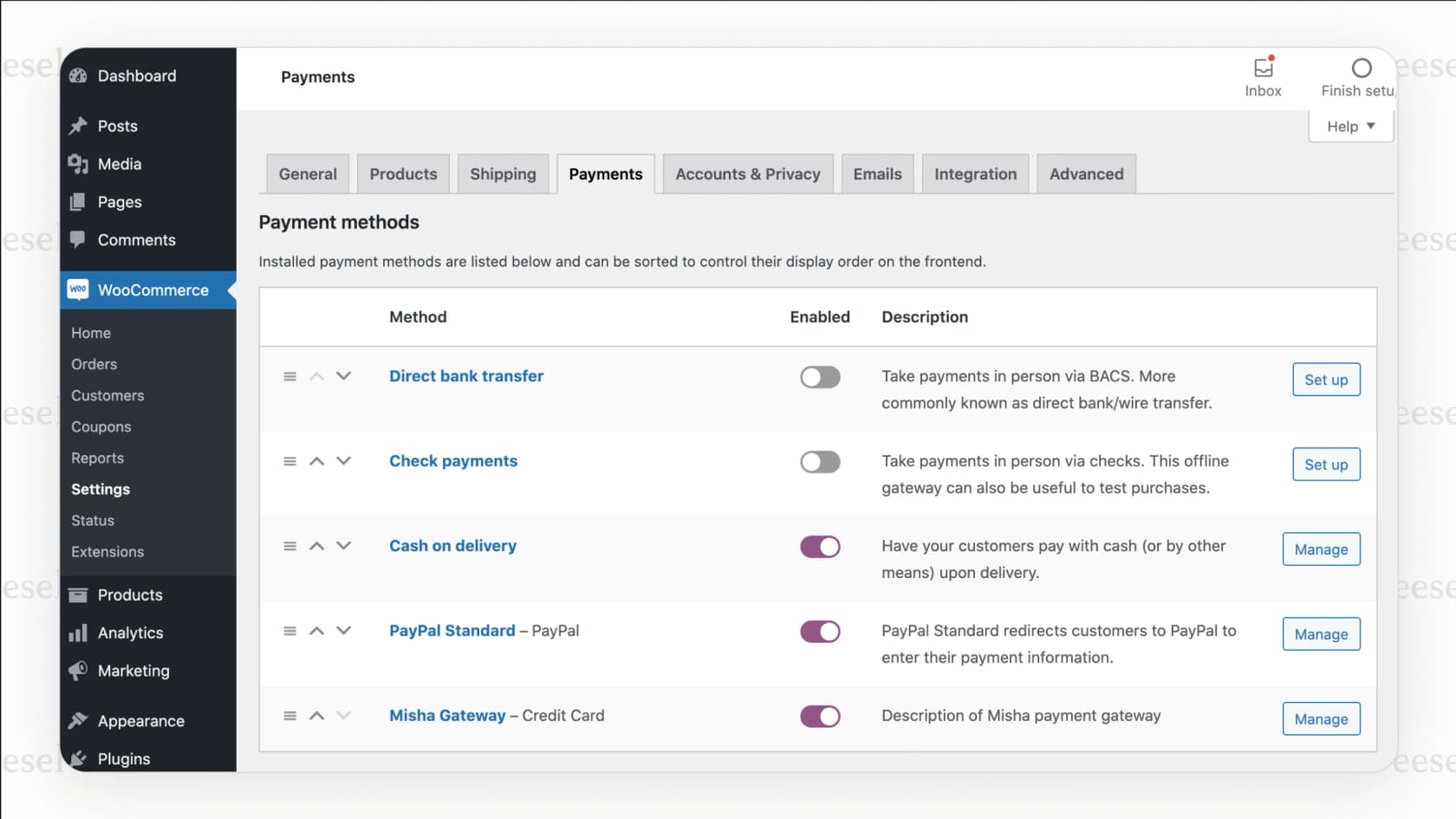 A screenshot of the WooCommerce dashboard showing various payment gateways, a key component of WooCommerce pricing.