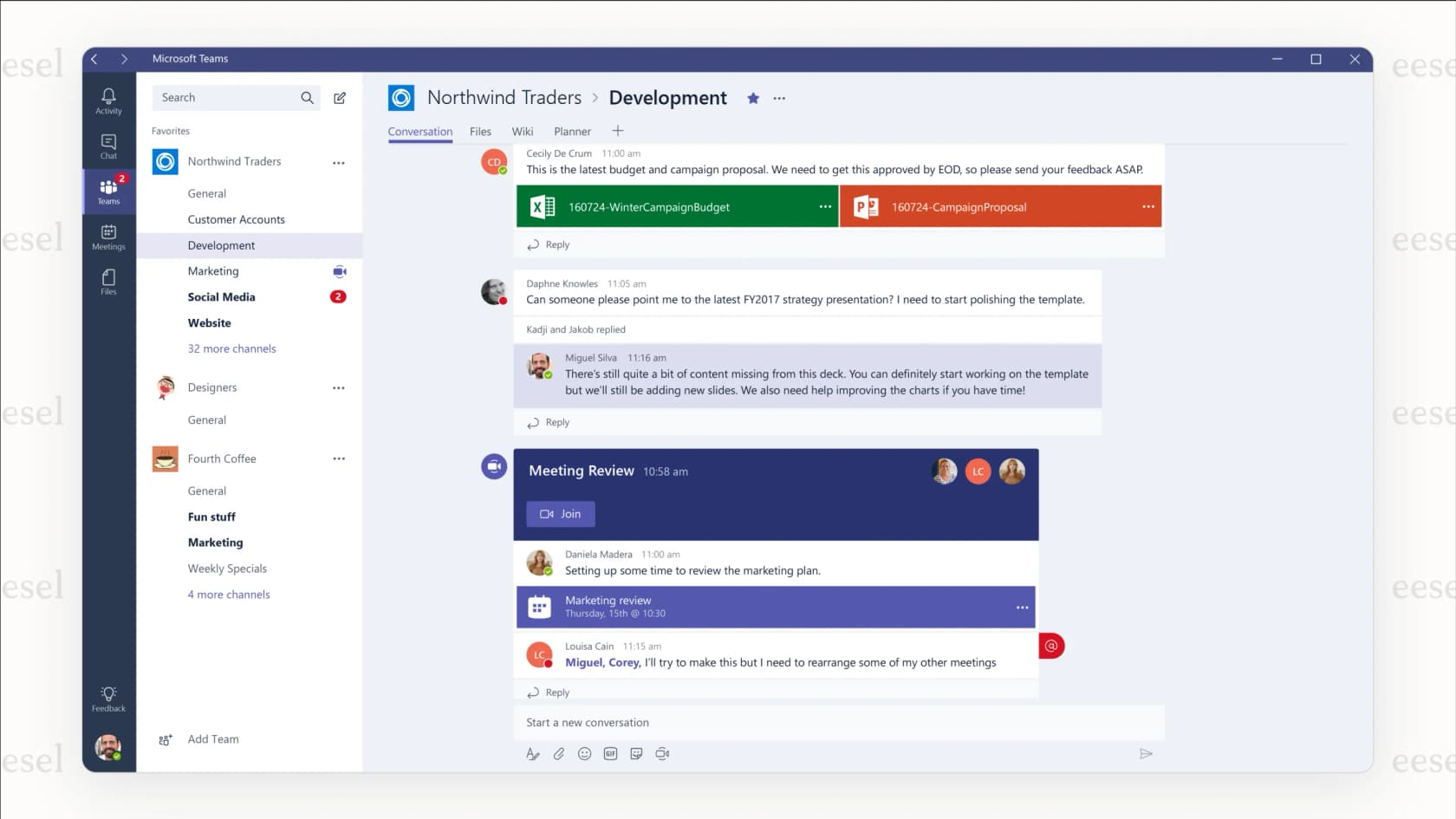 Screenshot of Microsoft Teams interface showing different team channels, chat conversations, shared files, and a meeting review panel an example of collaboration software often considered among popular Slack alternatives.