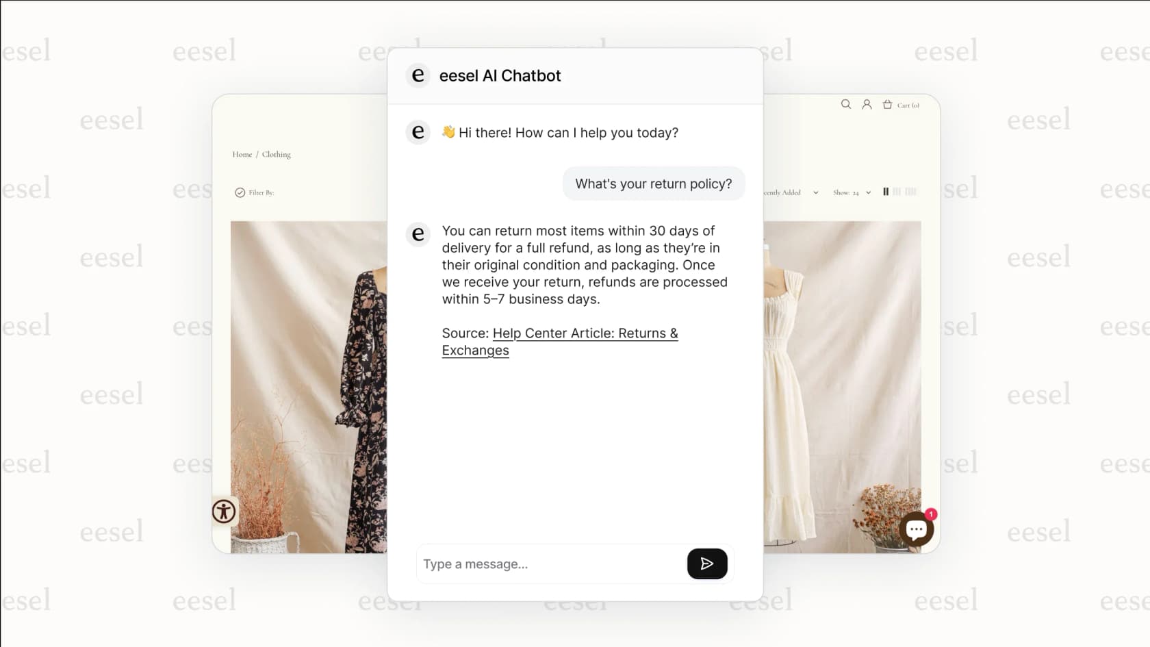 The eesel AI chatbot for website answering a customer question.