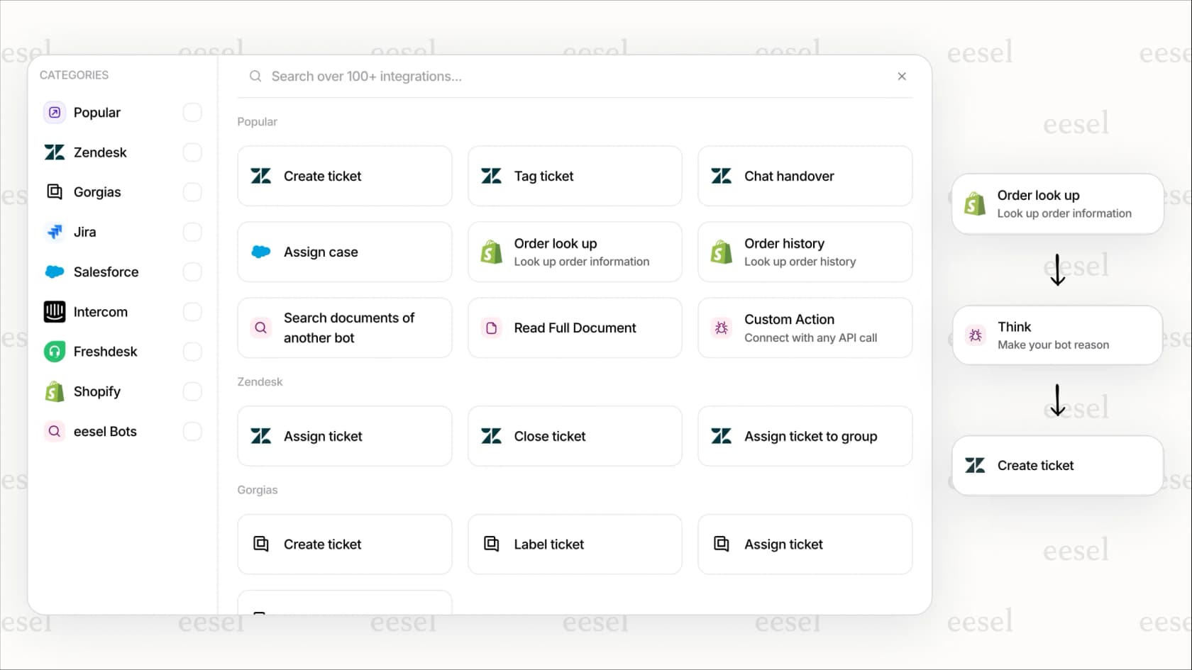 Editor de flujo de trabajo de eesel AI para personalizar la automatización de Zendesk ChatGPT configurando activadores para nuevos tickets y definiendo acciones de IA.