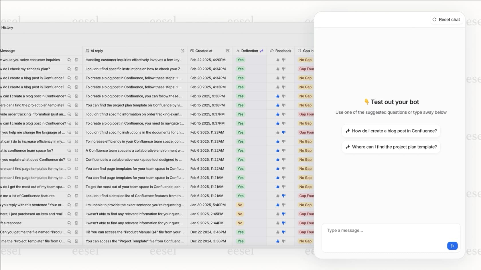A screenshot of the eesel AI dashboard showing how its AI-powered chatbots for business can be tested on past tickets before going live.