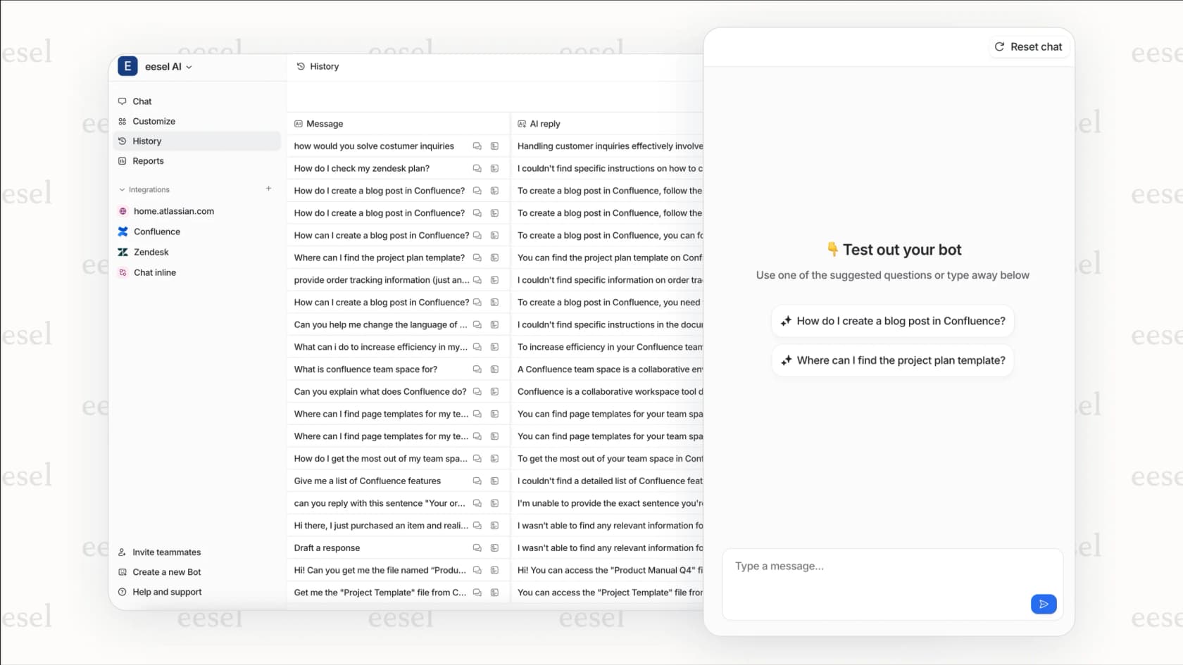 Una captura de pantalla de la función de modo de simulación de eesel AI, una herramienta clave para probar la efectividad de los mejores chatbots antes de que entren en funcionamiento con los clientes.