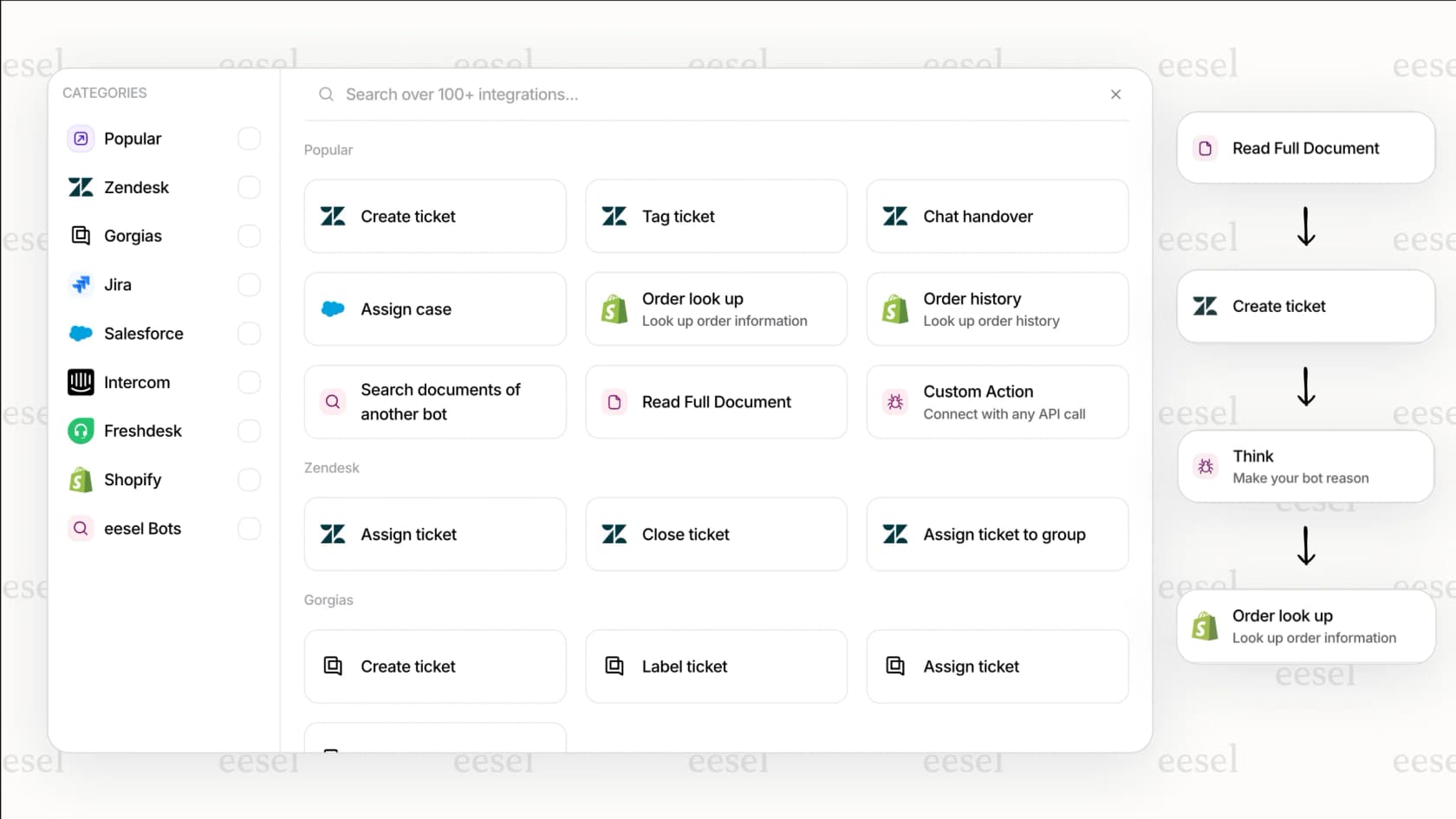Uma captura de tela do recurso AI Actions da eesel AI, que permite a criação de fluxos de trabalho automatizados que são fundamentais para o suporte proativo com IA.