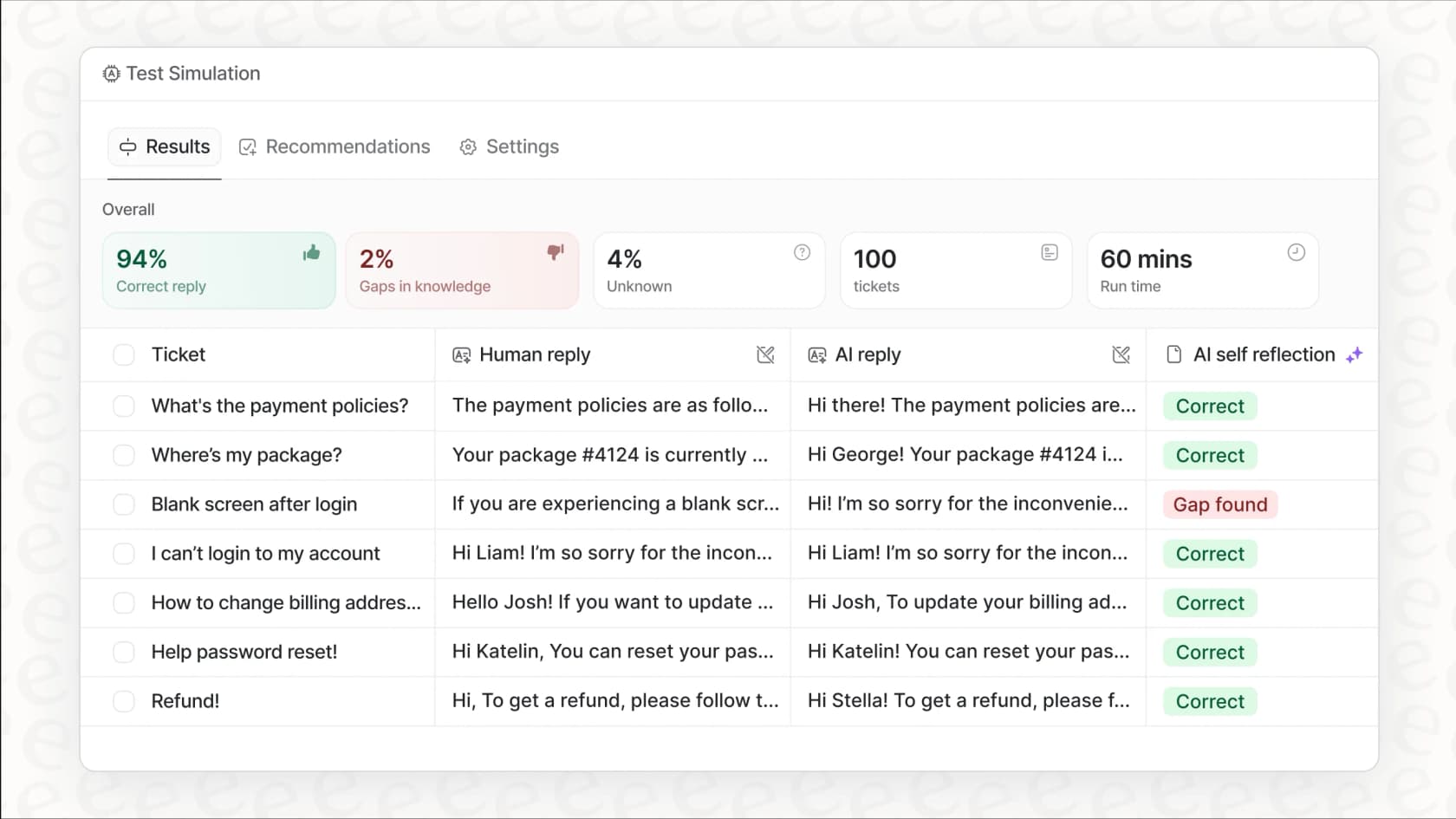 A screenshot of the eesel AI simulation mode, a key feature highlighted in this Botpress review.