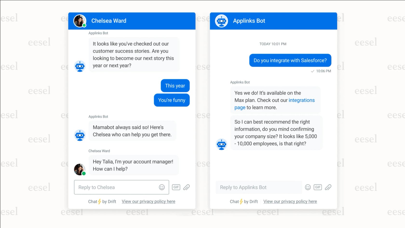 A screenshot of Drift, one of the leading AI-powered chatbots for business, automatically scheduling a sales demo with a website visitor.