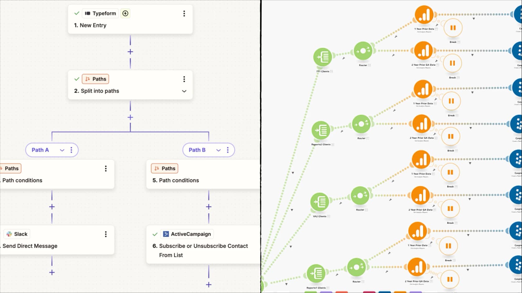 A Make vs Zapier comparison screenshot showing a linear Zapier workflow with a simple conditional