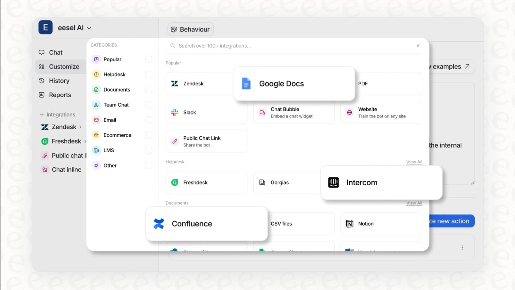 Screenshot of an earlier version of the eesel AI dashboard displaying logos for Zendesk and Freshdesk with a "Connect" button, illustrating the setup for automated ticket resolution.