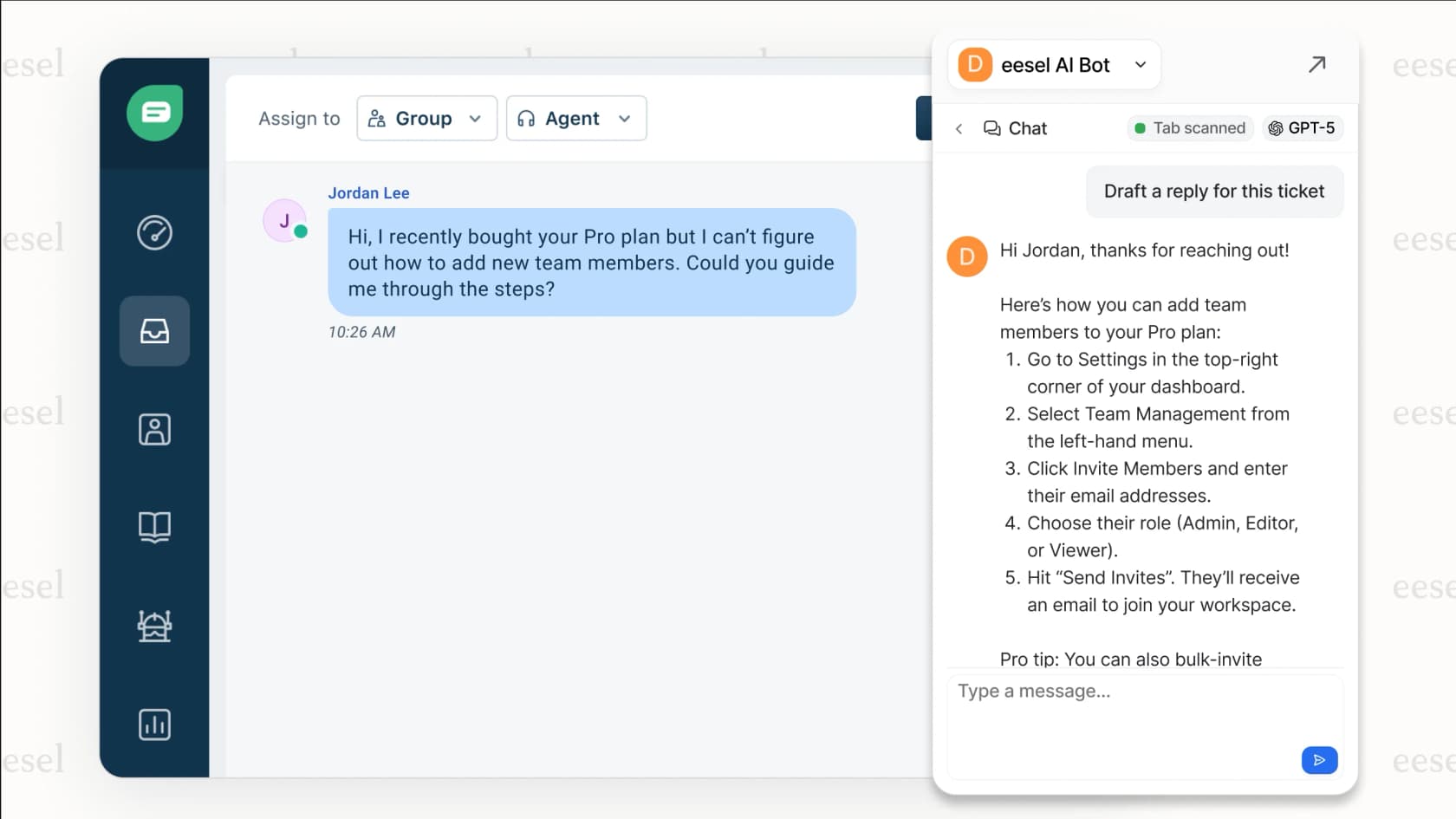 eesel AI Copilot sidebar suggesting a reply to a customer question