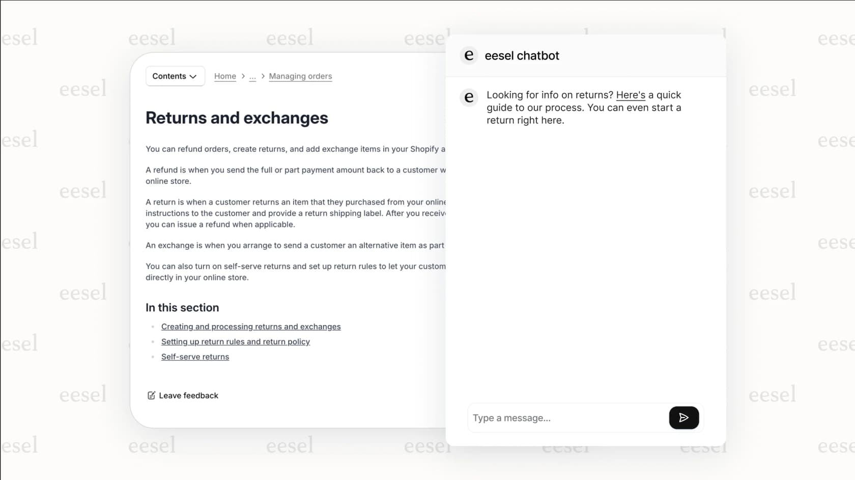 Uma captura de tela demonstrando como o suporte proativo com IA no e-commerce pode evitar um ticket, oferecendo uma solução para devoluções via chatbot.