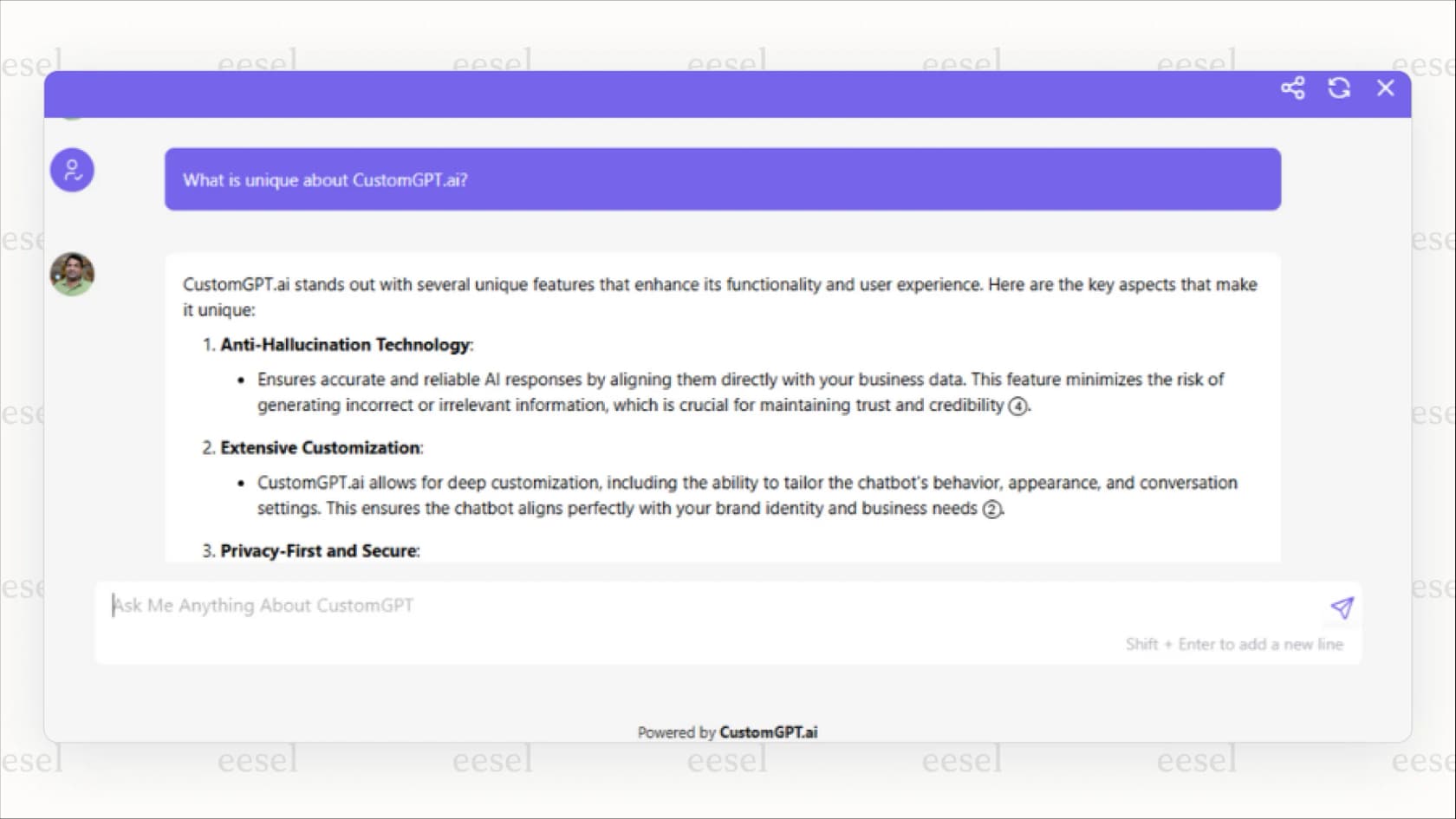 A screenshot showing the "Powered by CustomGPT" logo on a chat widget, a pricing limitation often mentioned in CustomGPT.ai reviews.
