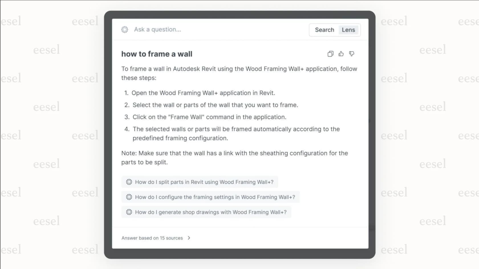 A screenshot of the GitBook Lens AI search feature providing an answer to a user