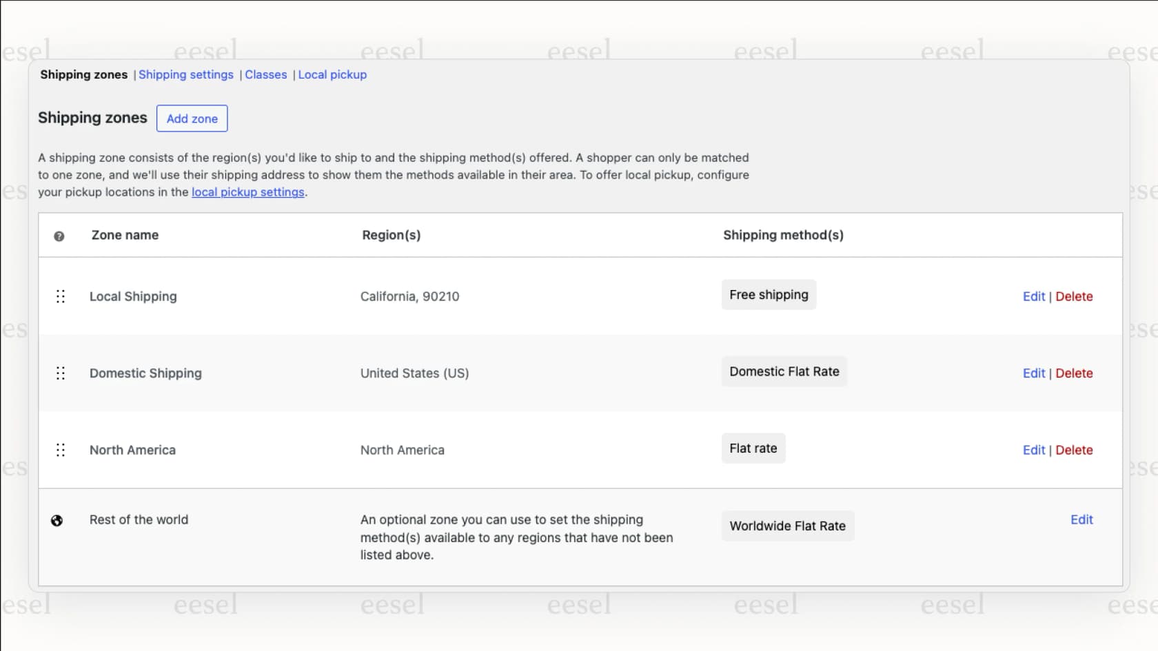 Screenshot of the WooCommerce shipping zone settings, illustrating the built-in features that influence the total WooCommerce pricing.
