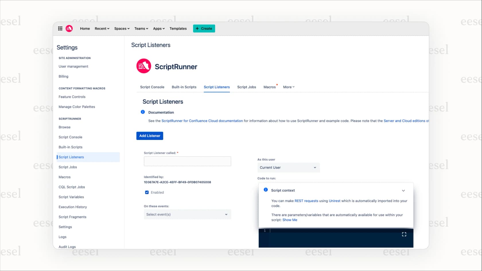 A screenshot showing the administration console for ScriptRunner, one of the top Confluence apps, displaying a pre-built Groovy script for automating a content management task.