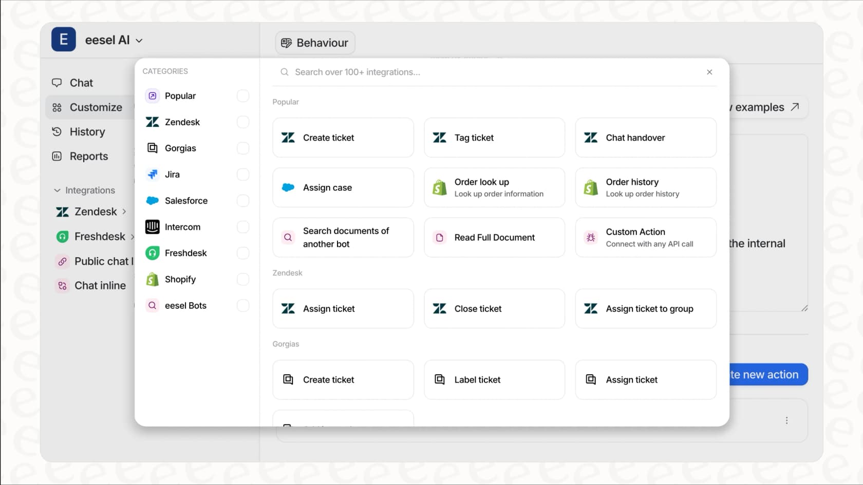 A screenshot from eesel AI showing a gallery of customizable AI Actions that serve as specialized subagent tools for automation.