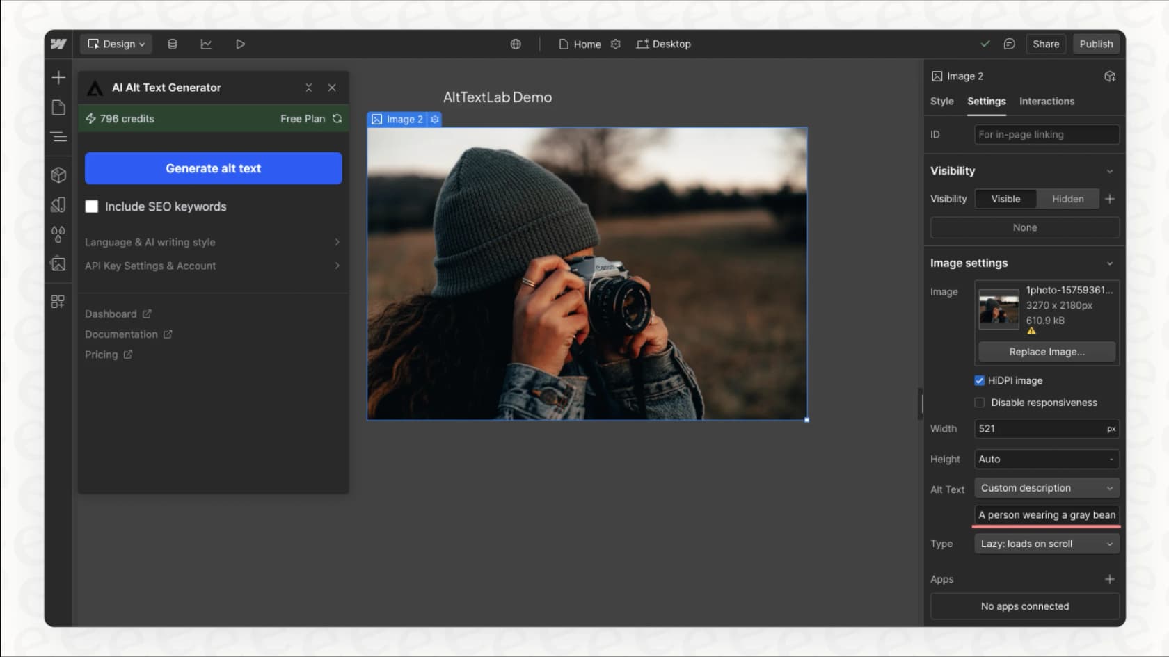 A close-up of the Webflow Designer showing an image