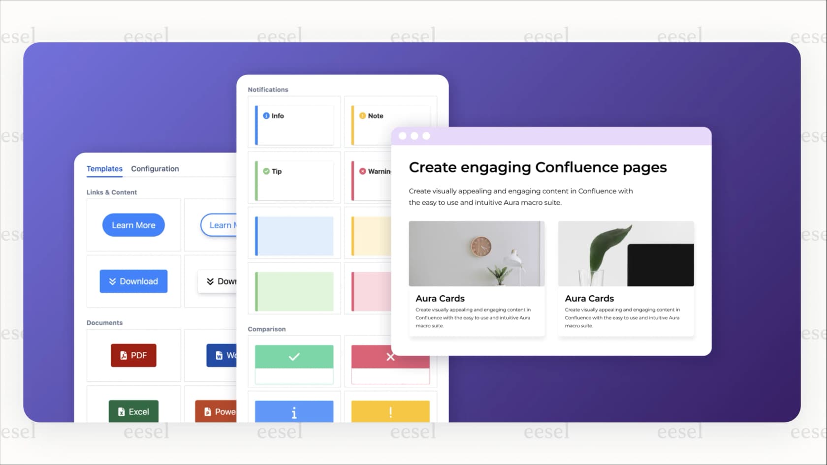 A split-screen image demonstrating how AURA, one of the top Confluence apps, transforms a standard Confluence page into a visually appealing one with tabs and organized content cards.