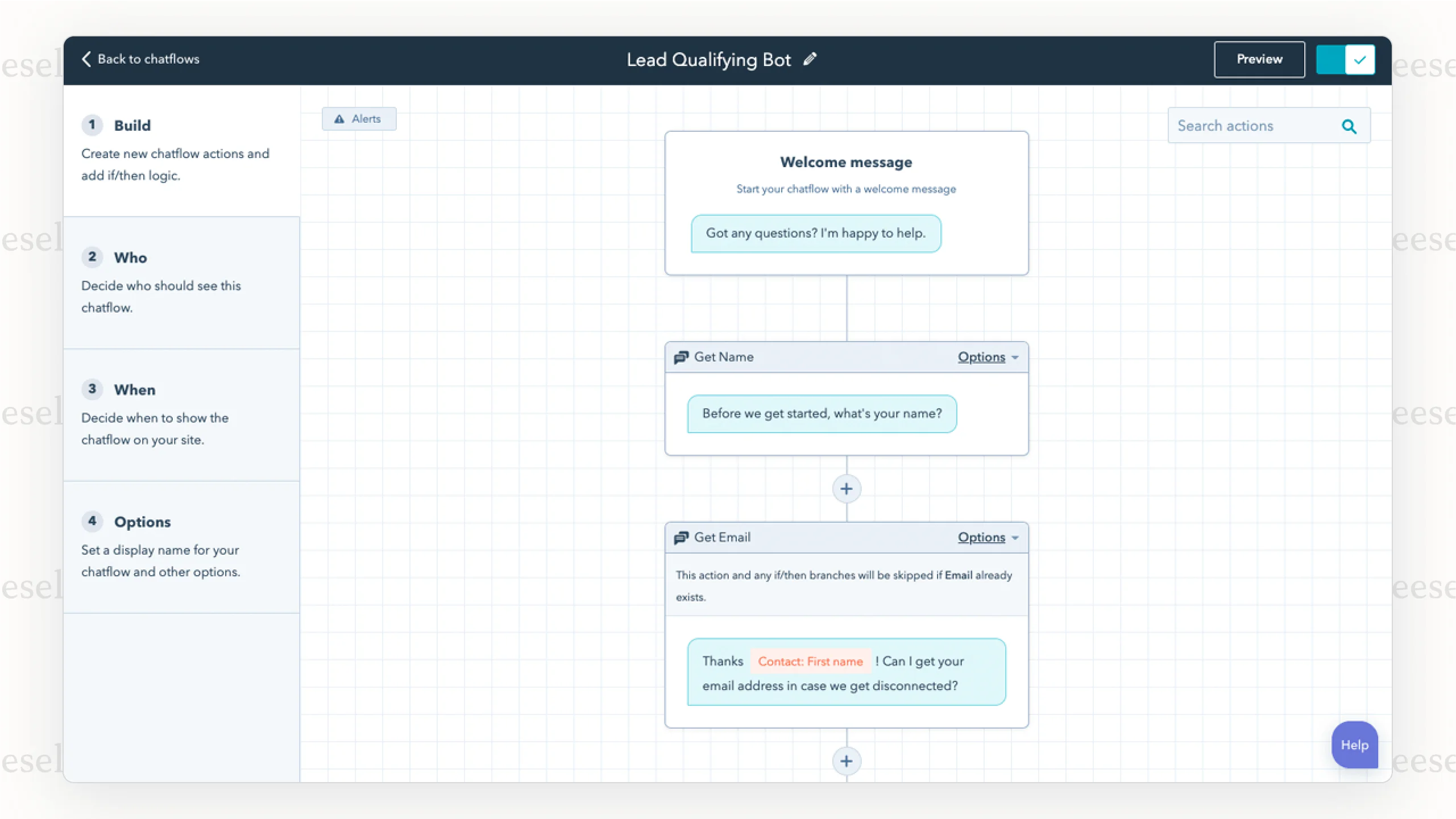 A look at the visual editor for HubSpot's AI Chatbot.
