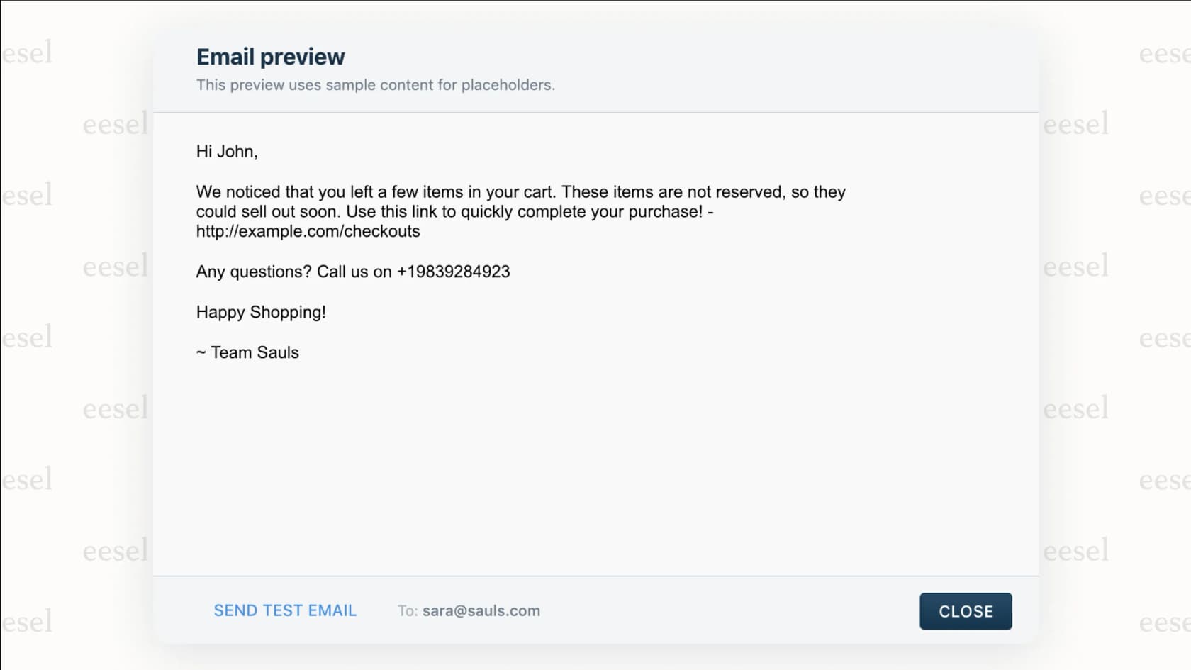 Uma captura de tela de uma notificação de e-mail proativa sobre um carrinho abandonado, um caso de uso comum para o suporte proativo com IA para melhorar a lealdade do cliente.
